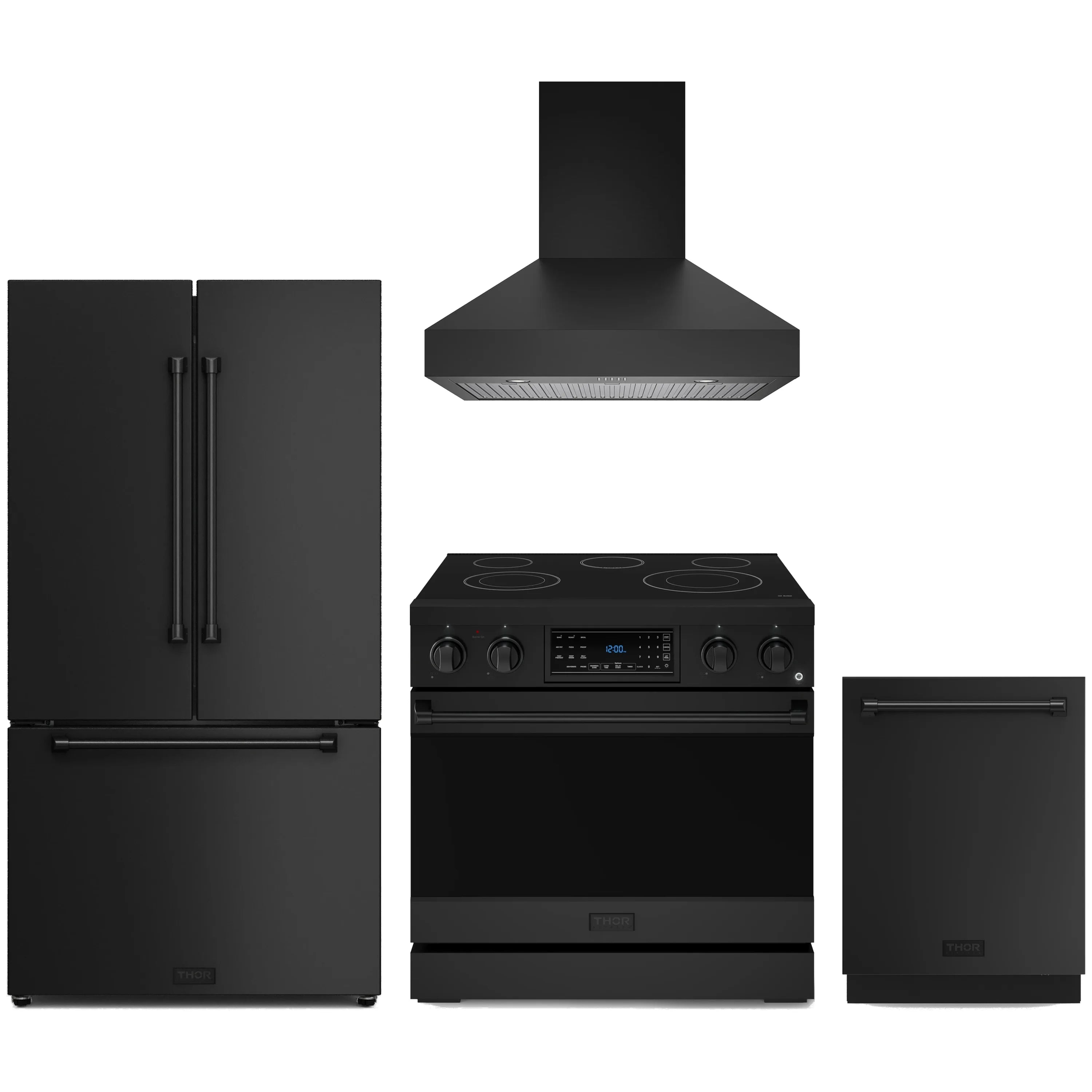 Black kitchen appliance set with range hood, electric range, refrigerator, and dishwasher