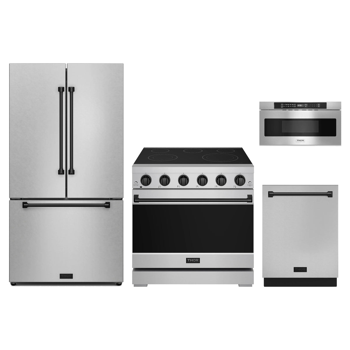 Gordon Ramsay by Thor Kitchen 4-Piece Appliance Package - 36-Inch Electric Range, Counter-Depth Refrigerator, Dishwasher, & Microwave Drawer in Stainless Steel with Black Trim