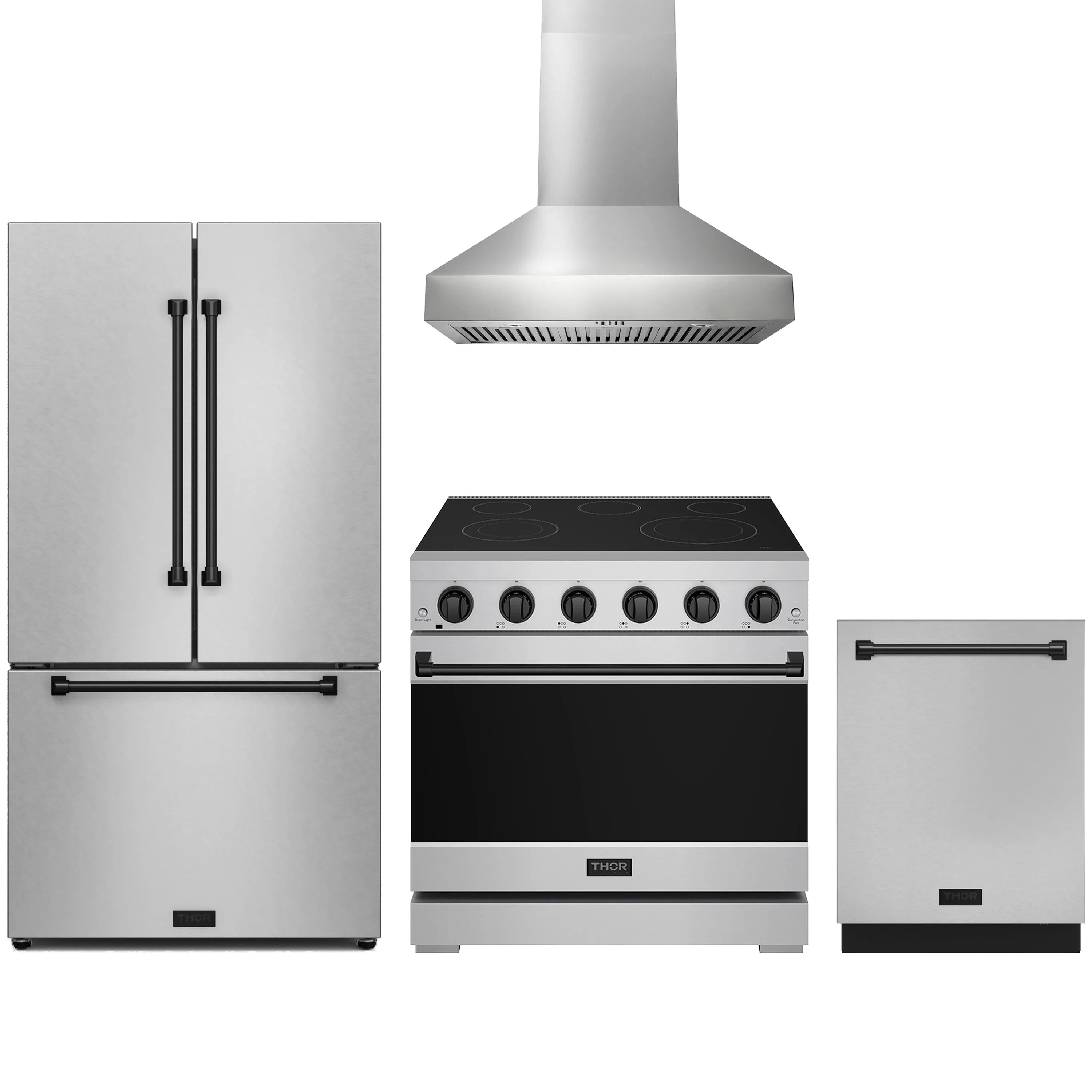 Stainless steel appliance package with electric range, hood, refrigerator, and dishwasher