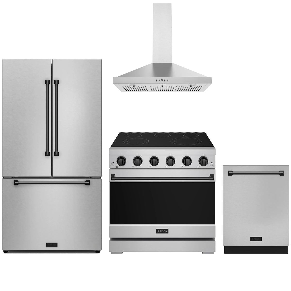 Stainless steel appliance package with electric range, hood, refrigerator, and dishwasher