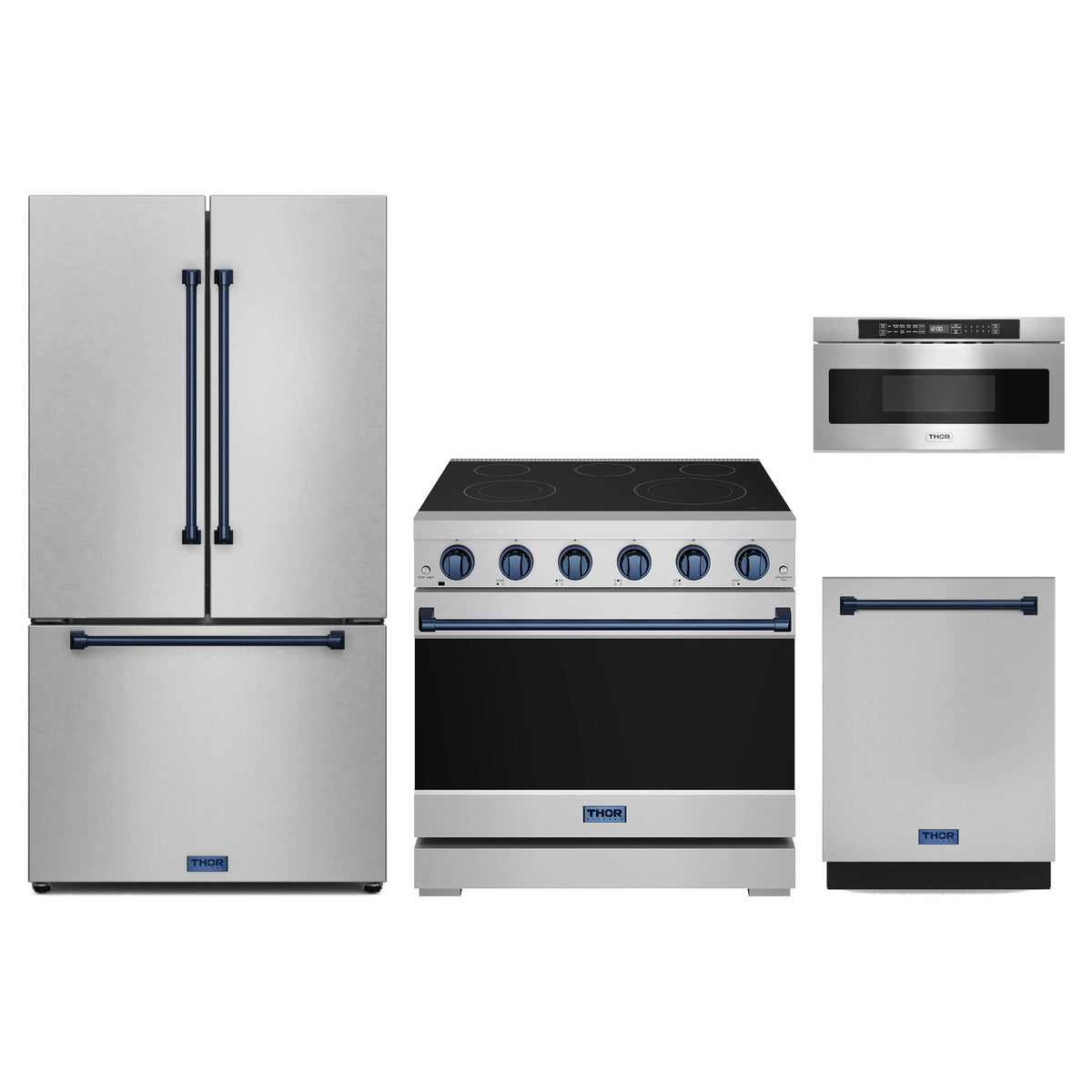 Gordon Ramsay by Thor Kitchen 4-Piece Appliance Package - 36-Inch Electric Range, Counter-Depth Refrigerator, Dishwasher, & Microwave Drawer in Stainless Steel with Blue Trim