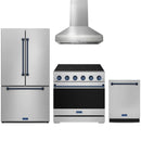 Stainless steel Thor Kitchen appliance package with 36-inch range, range hood, counter-depth refrigerator, dishwasher
