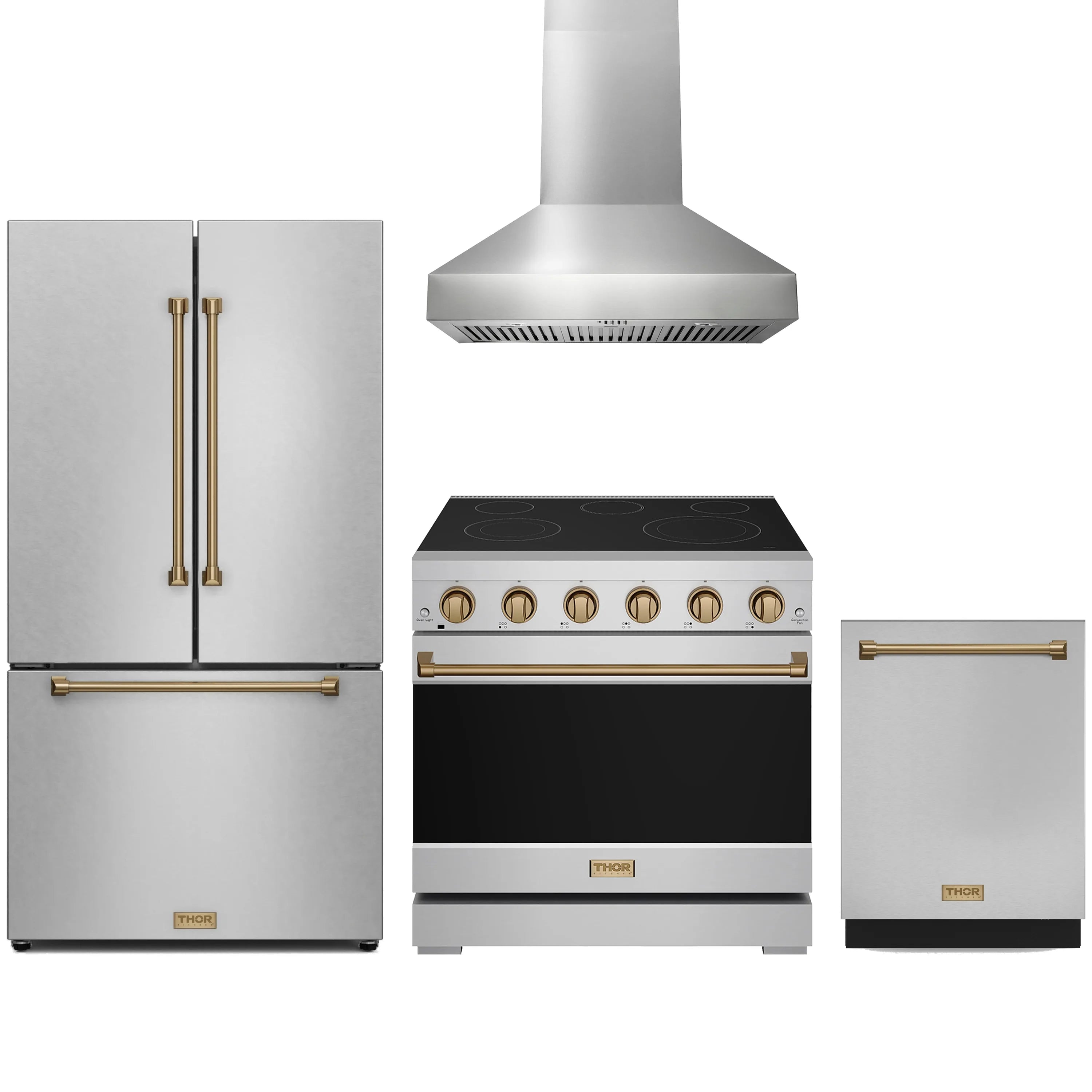 Stainless steel appliance package with bronze-trim range, refrigerator, wall hood, and dishwasher