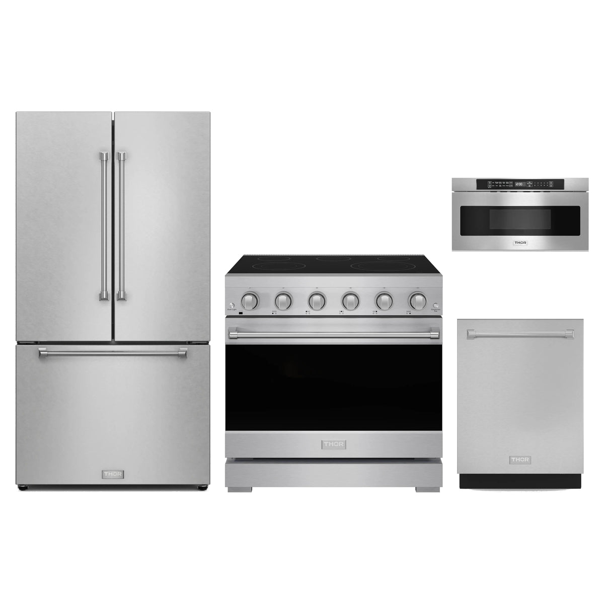 Gordon Ramsay by Thor Kitchen 4-Piece Appliance Package - 36-Inch Electric Range, Counter-Depth Refrigerator, Dishwasher, & Microwave Drawer in Stainless Steel