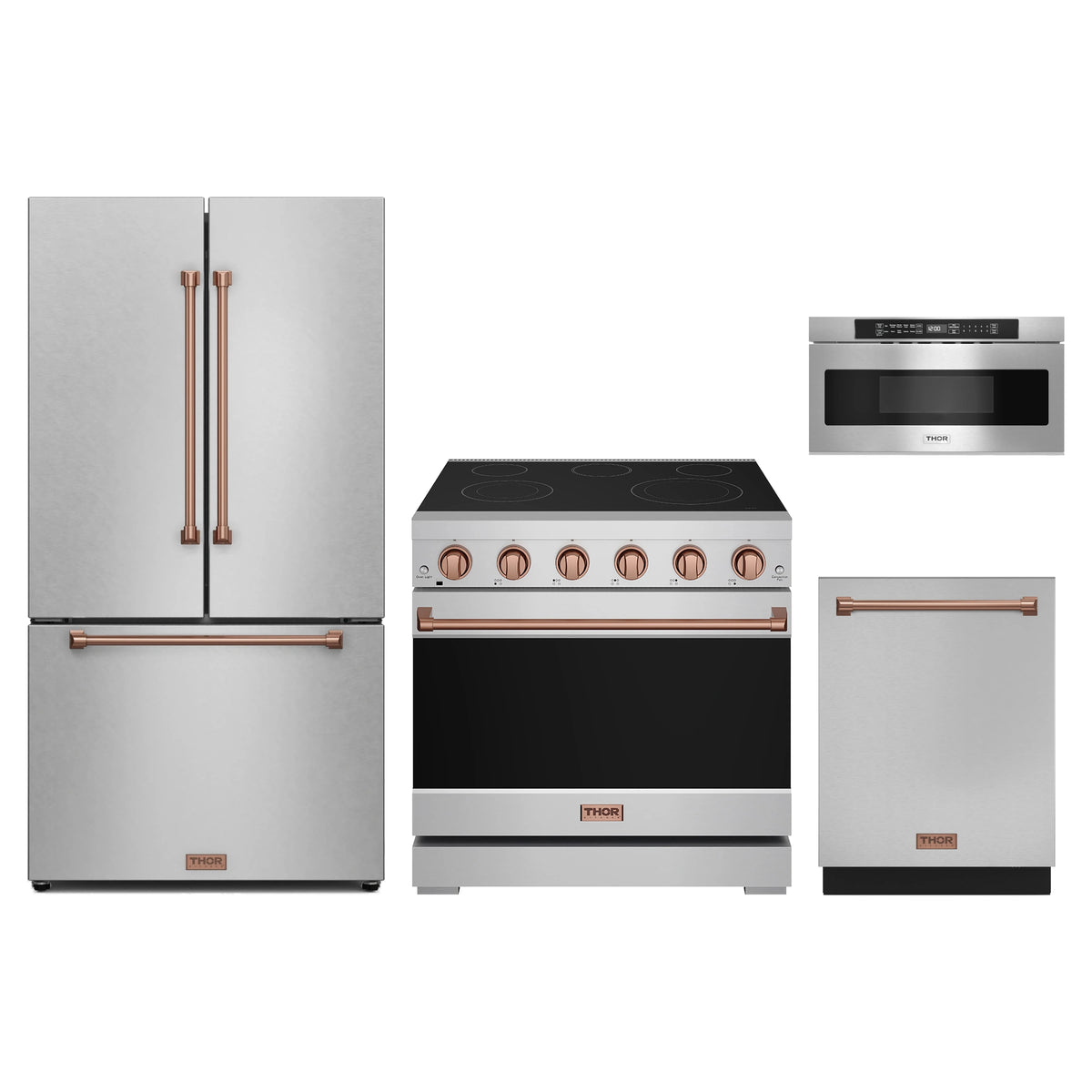 Gordon Ramsay by Thor Kitchen 4-Piece Appliance Package - 36-Inch Electric Range, Counter-Depth Refrigerator, Dishwasher, & Microwave Drawer in Stainless Steel with Rose Gold Trim