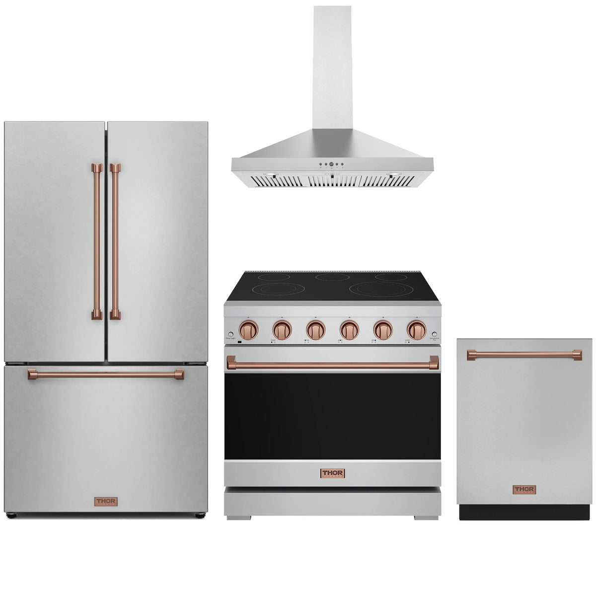 Stainless steel appliance package with rose gold accents: range, hood, and refrigerator