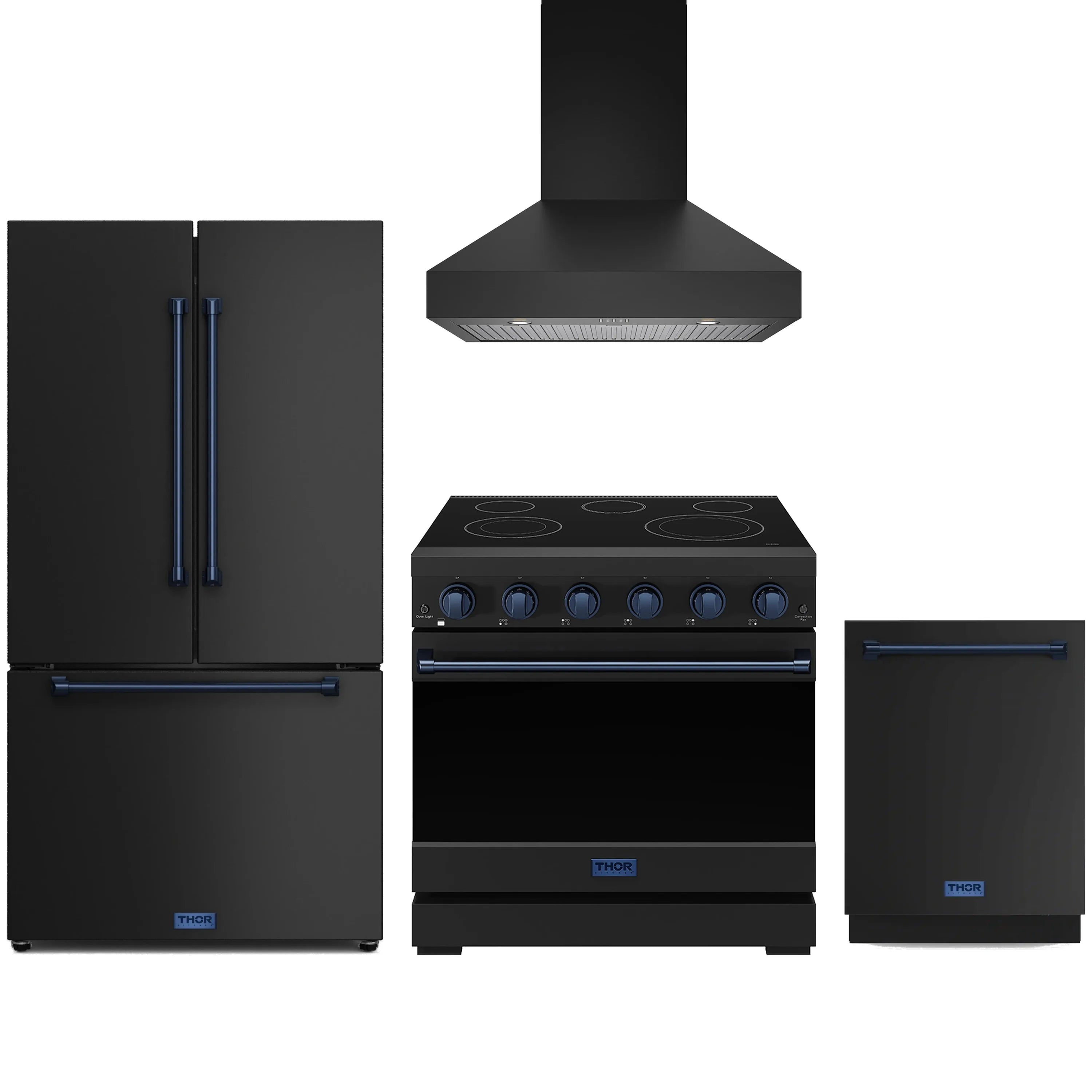 Black appliance package with blue trim: electric range, refrigerator, wall hood, dishwasher