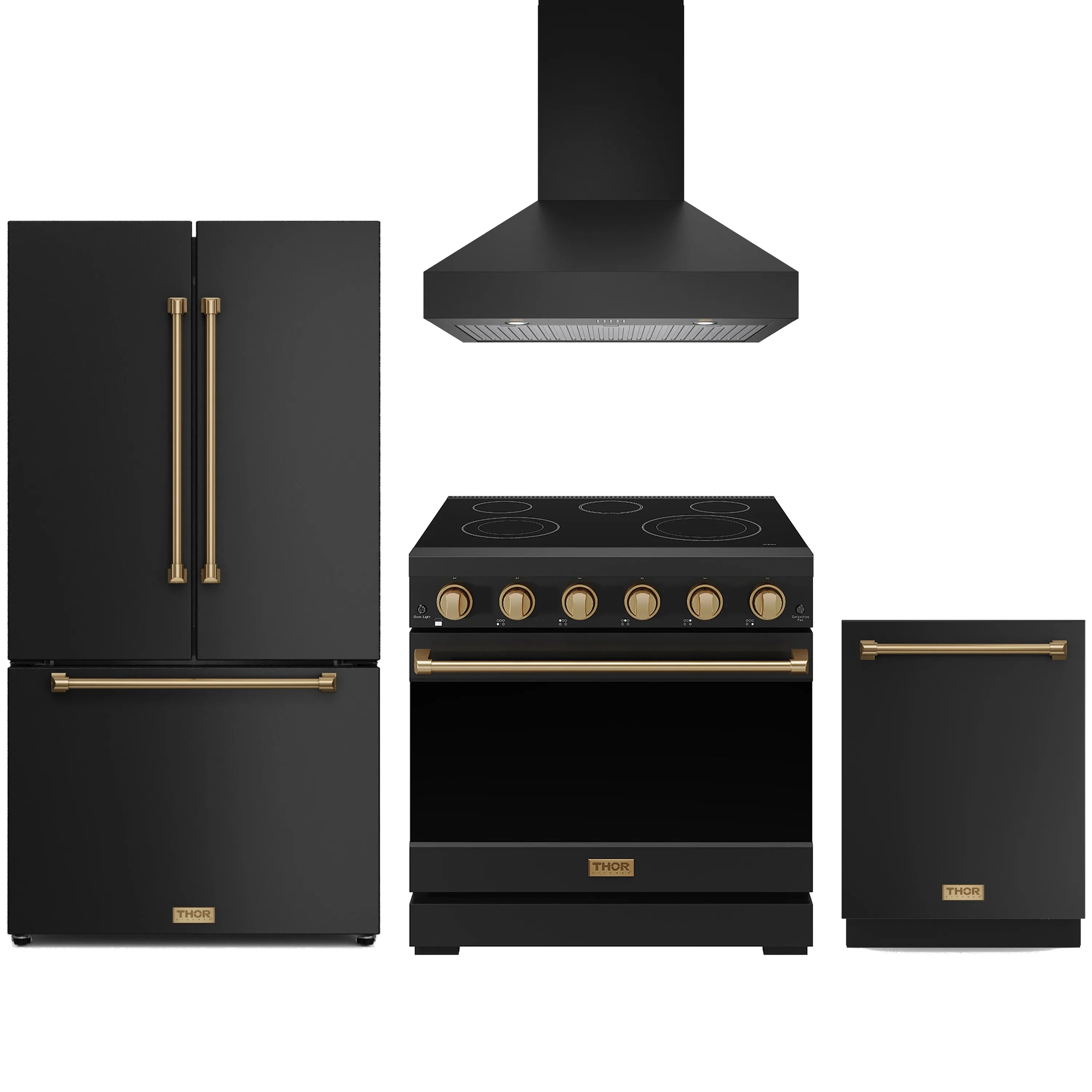 Black kitchen appliance package with bronze trim: hood, range, fridge & dishwasher