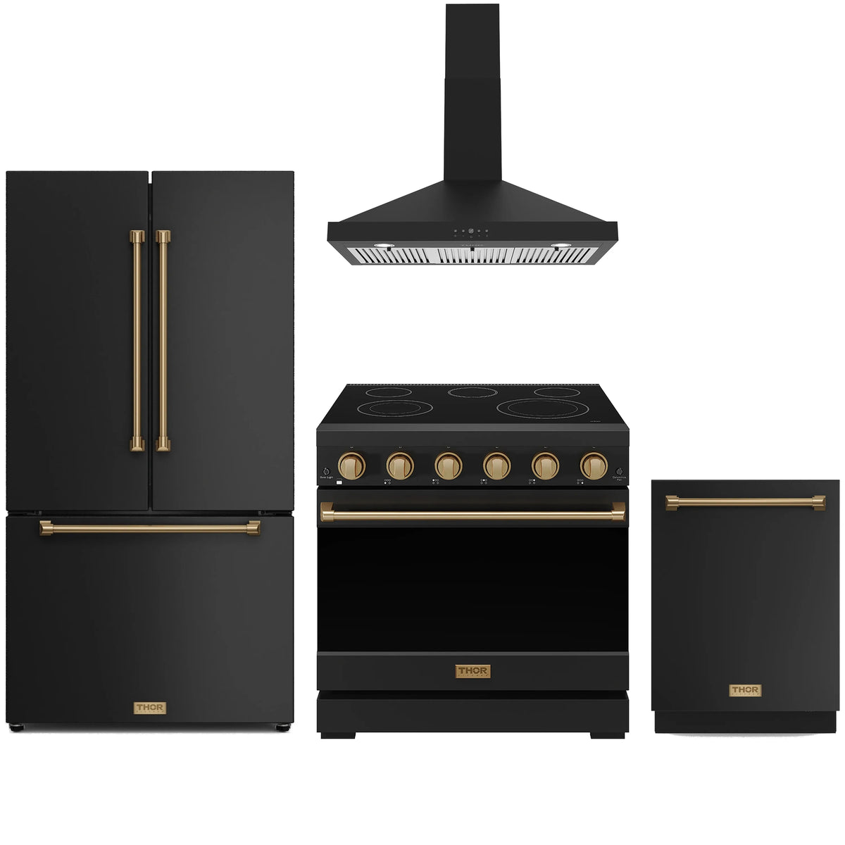 Black kitchen appliance package with bronze trim: hood, range, fridge & dishwasher