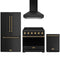 Gordon Ramsay by Thor Kitchen 4-Piece Appliance Package - 36-Inch Electric Range, Counter-Depth Refrigerator, Wall Mount Hood, & Dishwasher in Black with Bronze Trim