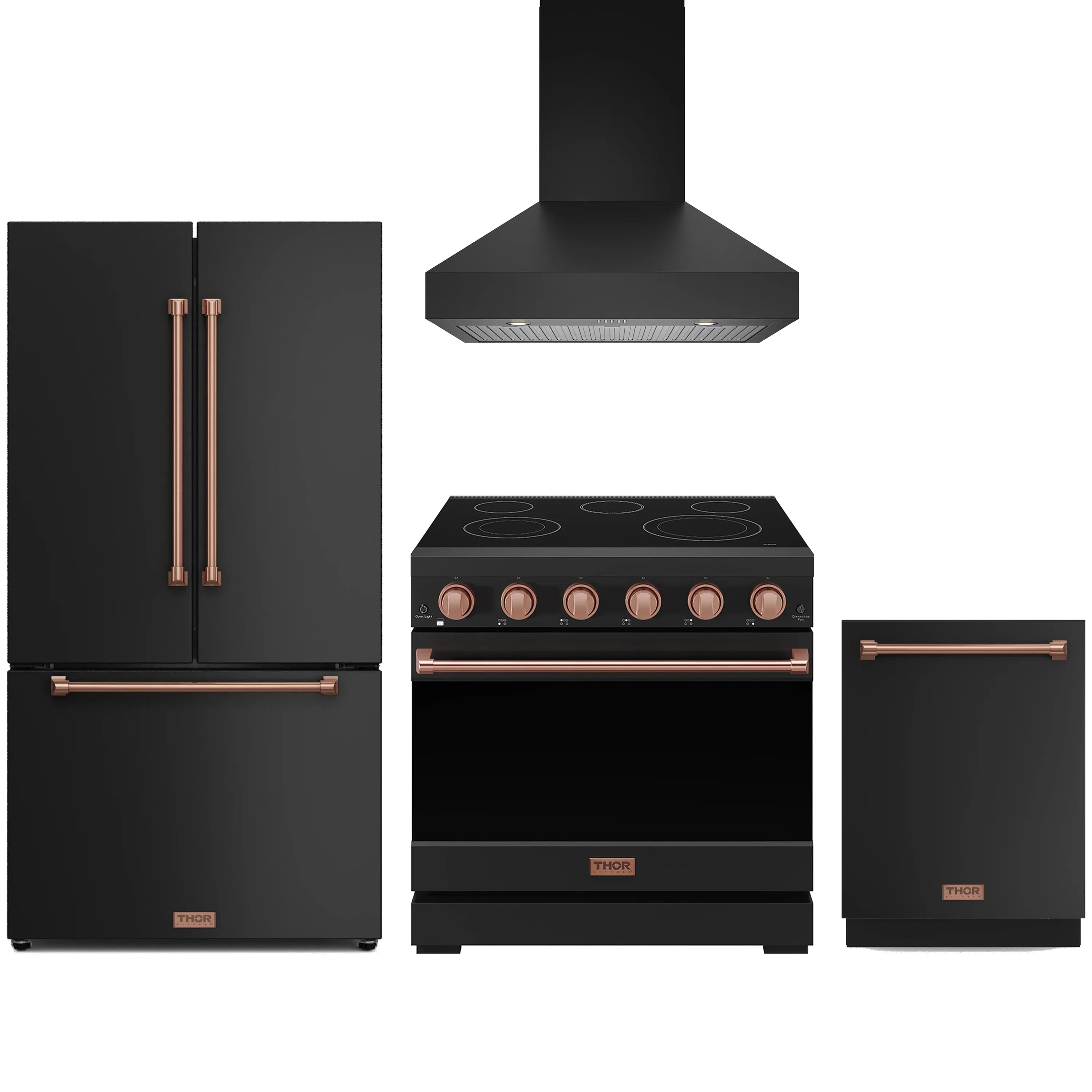Black appliance package with rose gold trim: refrigerator, electric range, dishwasher, hood