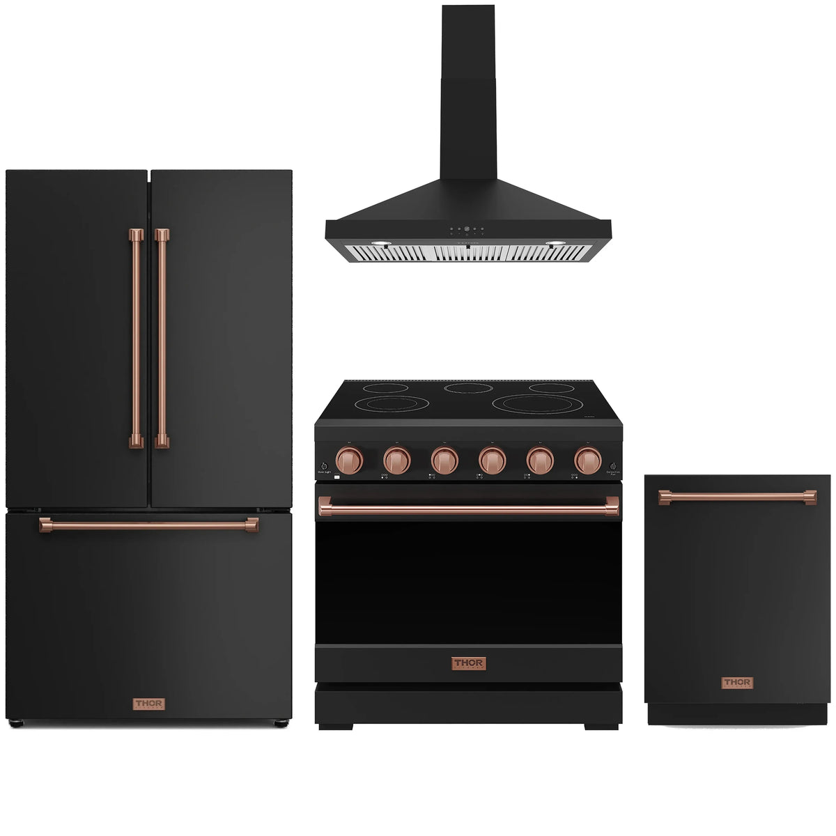 Black appliance package with rose gold trim: refrigerator, electric range, dishwasher, hood