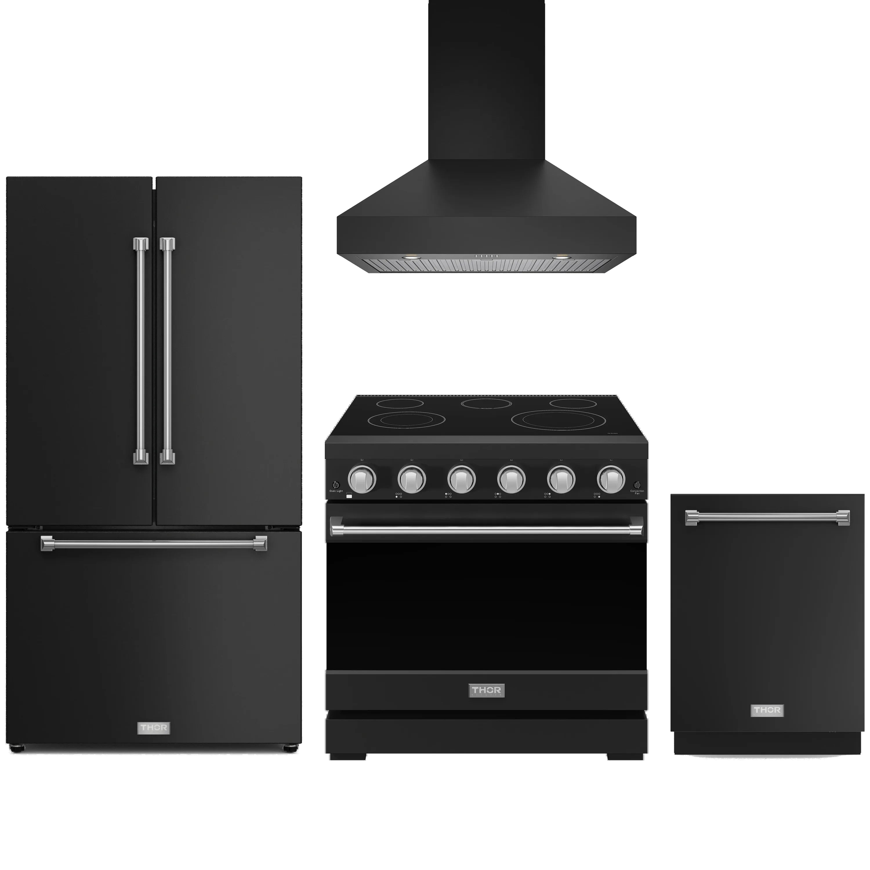 Black appliance package: electric range, wall hood, counter-depth fridge, dishwasher