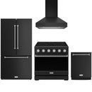 Black Thor Kitchen appliance package with 36-inch range, range hood, counter-depth refrigerator, dishwasher