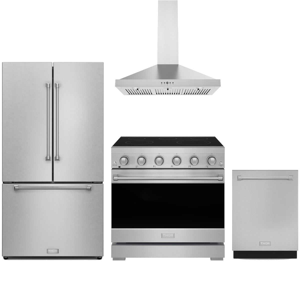 Stainless steel appliance package: refrigerator, electric range, hood, and dishwasher