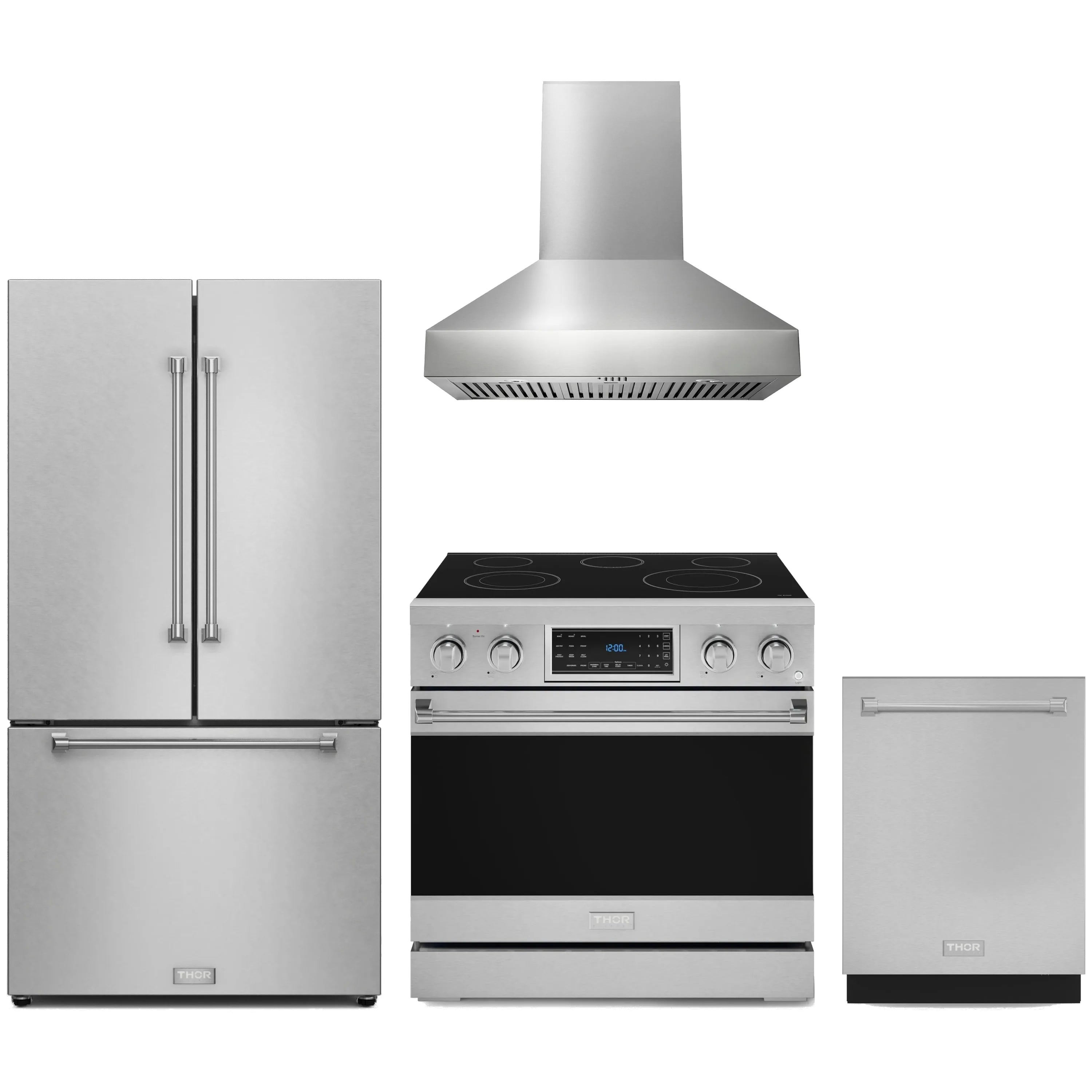 Stainless kitchen appliance package with wall hood, electric range, fridge and dishwasher
