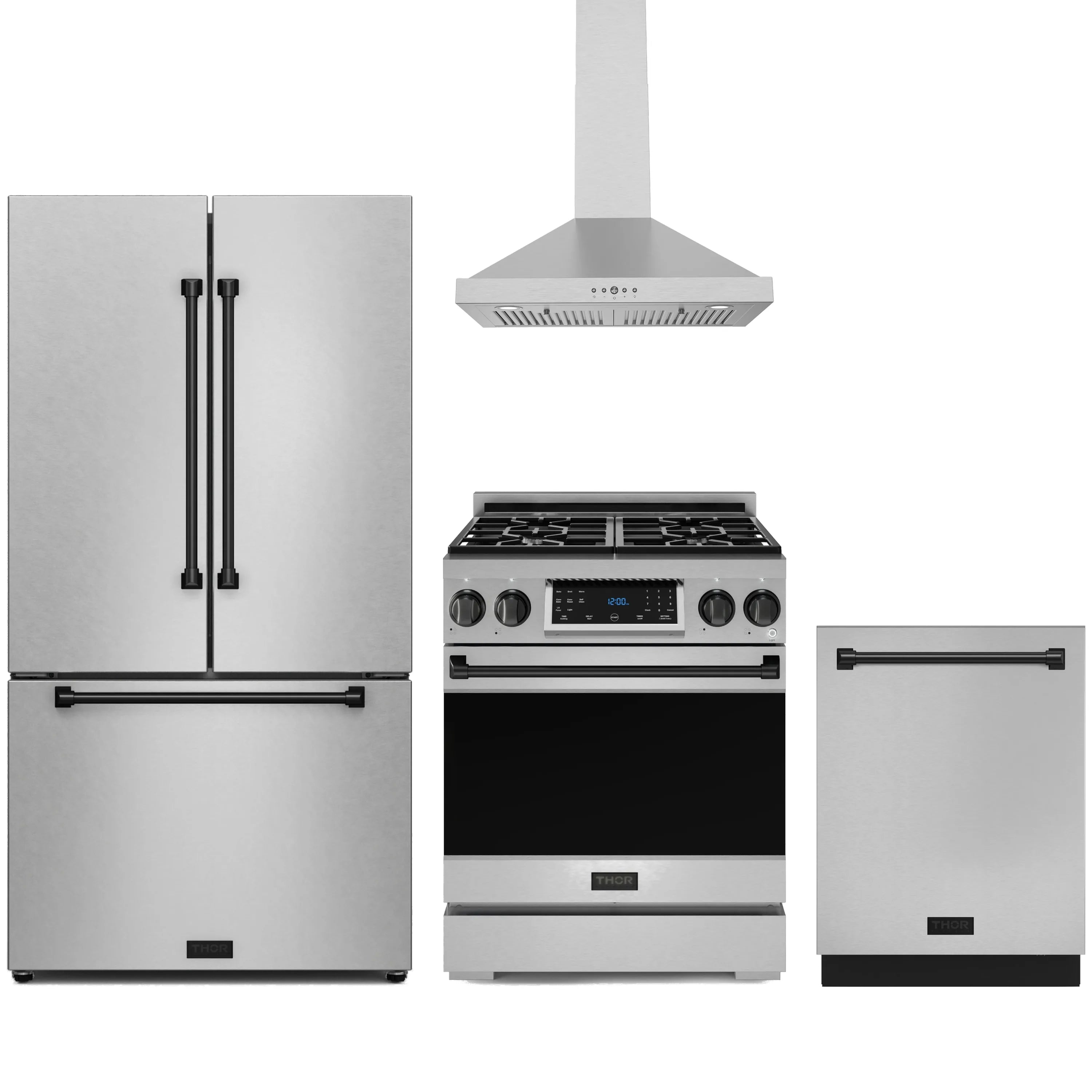 Stainless steel gas range with black cooktop, grates, and digital control panel