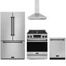 Stainless steel Thor Kitchen appliance package with 30-inch range, range hood, counter-depth refrigerator, dishwasher