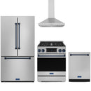 Stainless steel Thor Kitchen appliance package with 30-inch range, range hood, counter-depth refrigerator, dishwasher
