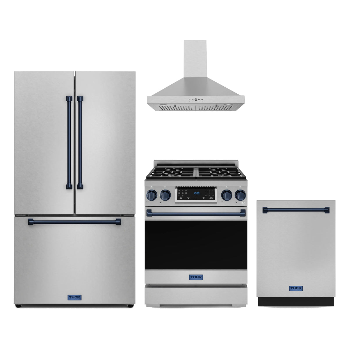 Gordon Ramsay by Thor Kitchen 4-Piece Appliance Package - 30-Inch Natural Gas Range, Counter-Depth Refrigerator, Wall Mount Hood, & Dishwasher in Stainless Steel with Blue Trim