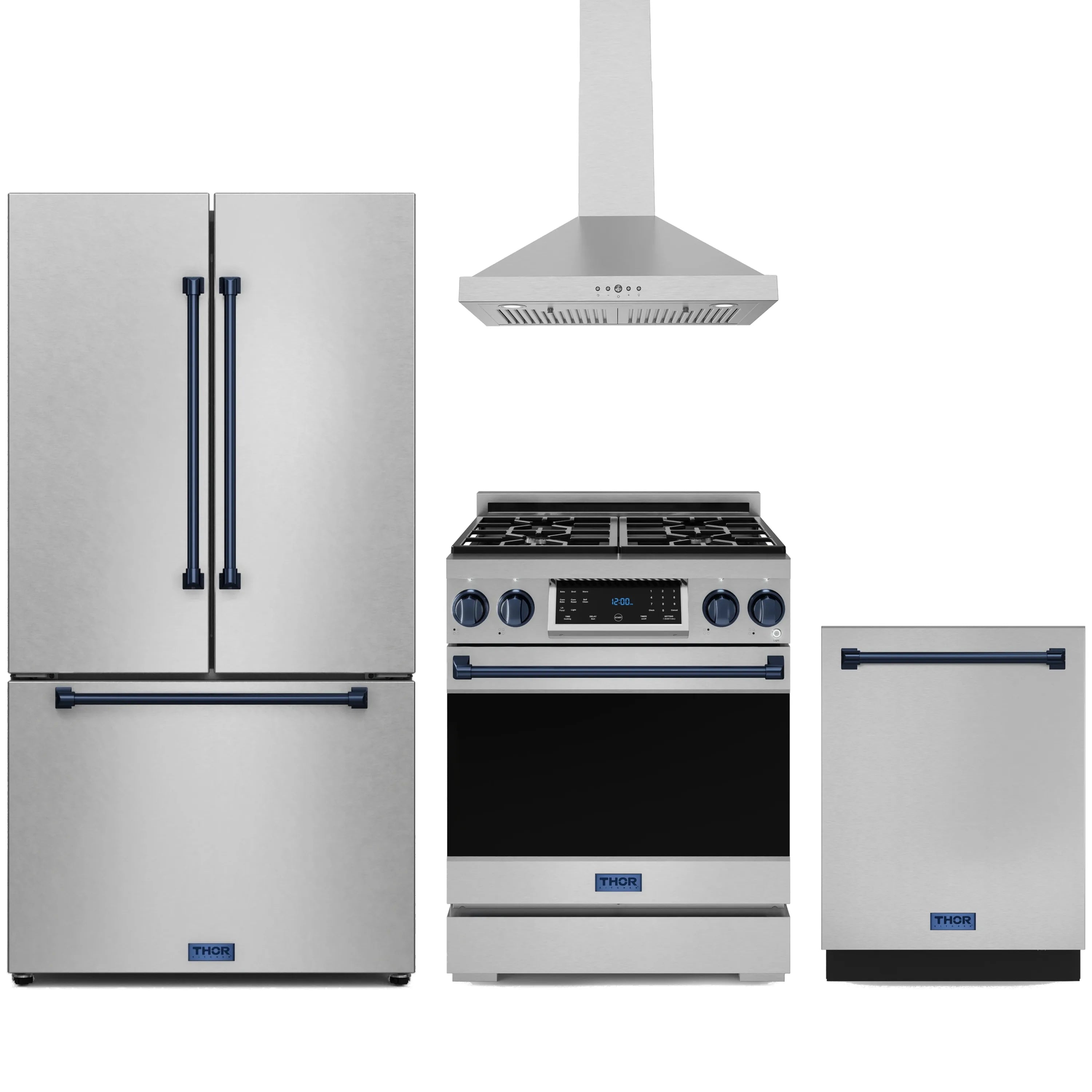Stainless steel kitchen appliance set with range, refrigerator, wall hood, and dishwasher