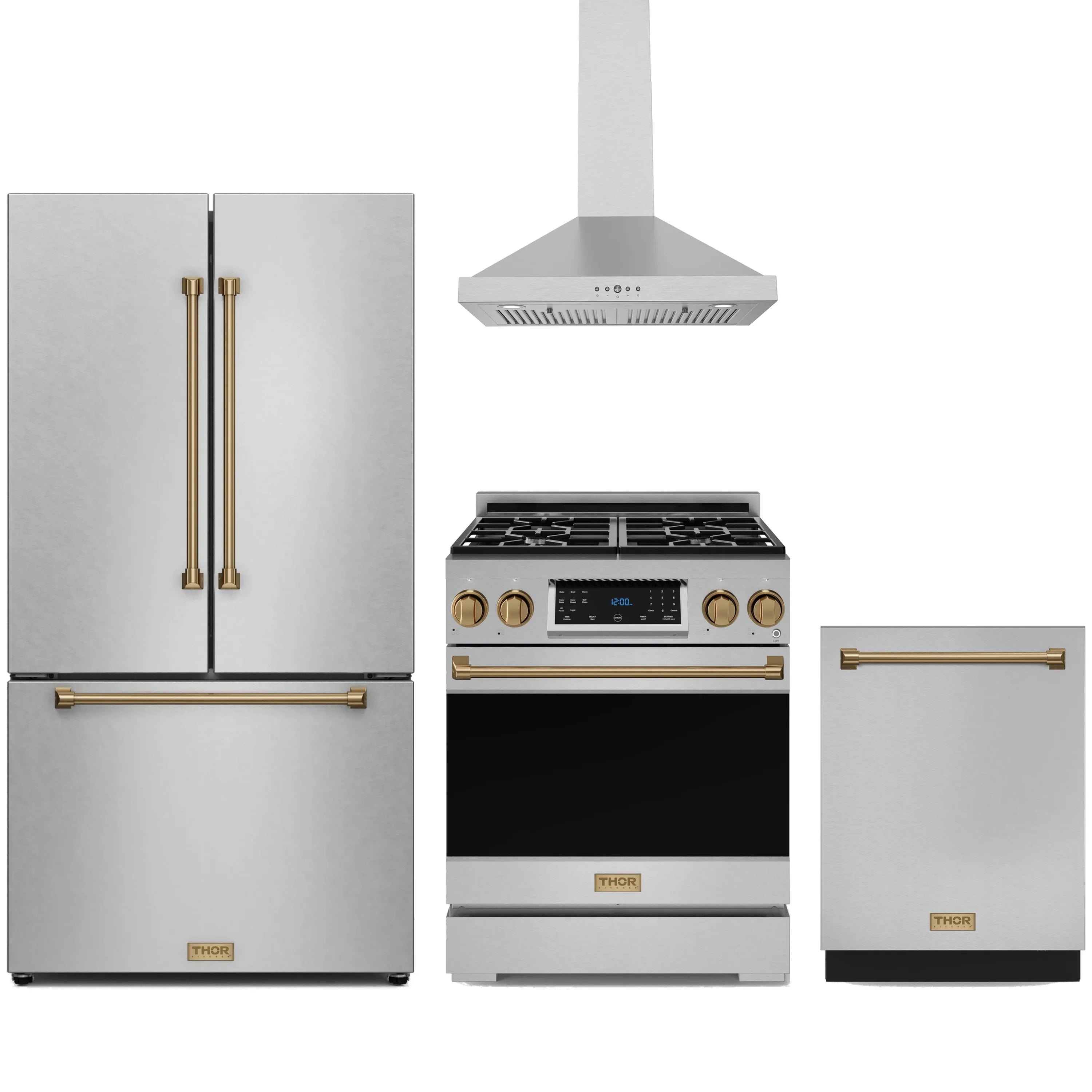 Stainless steel gas range with bronze-trim knobs, black cooktop, digital display
