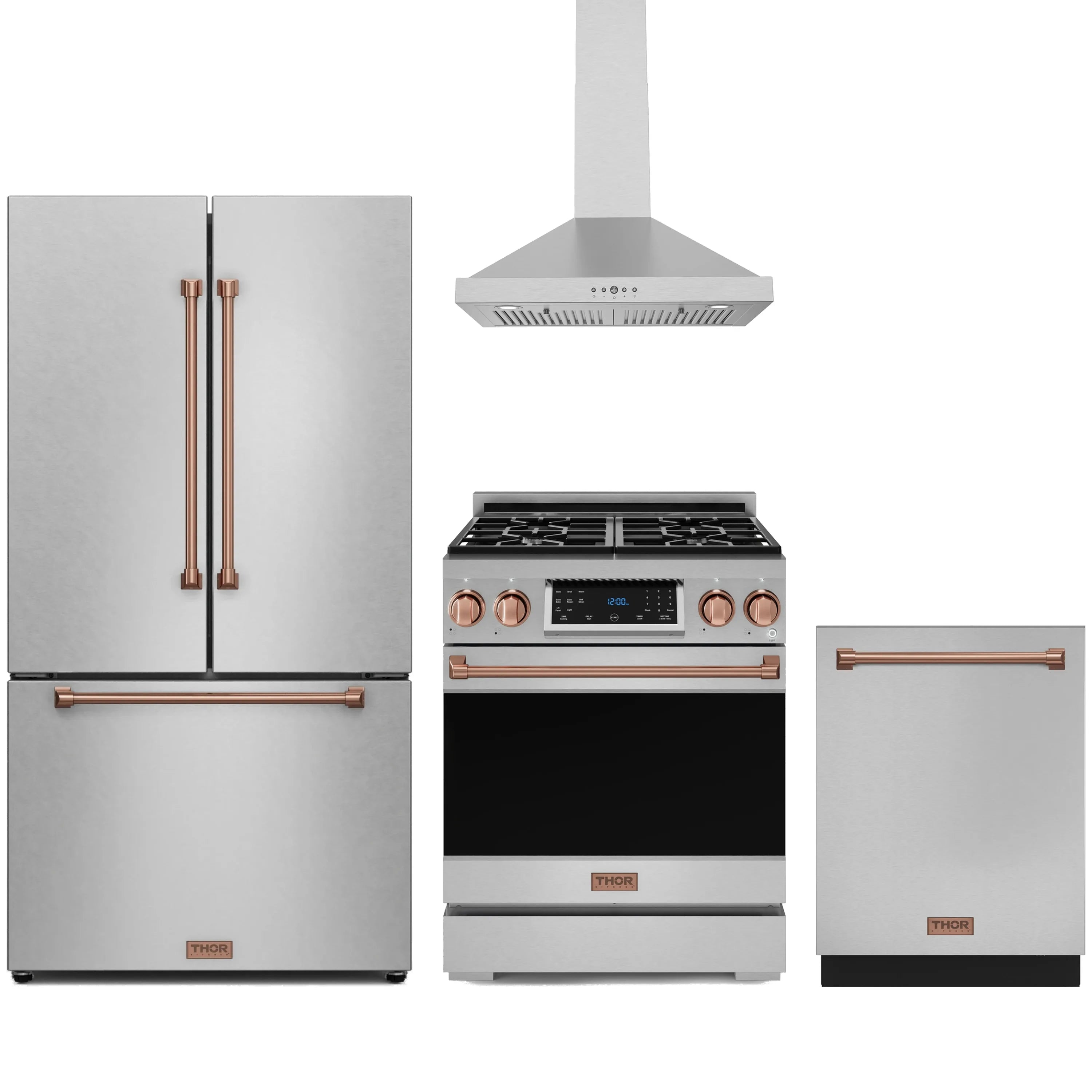 Stainless steel 4-piece appliance package with rose-gold handles, gas range, fridge, hood