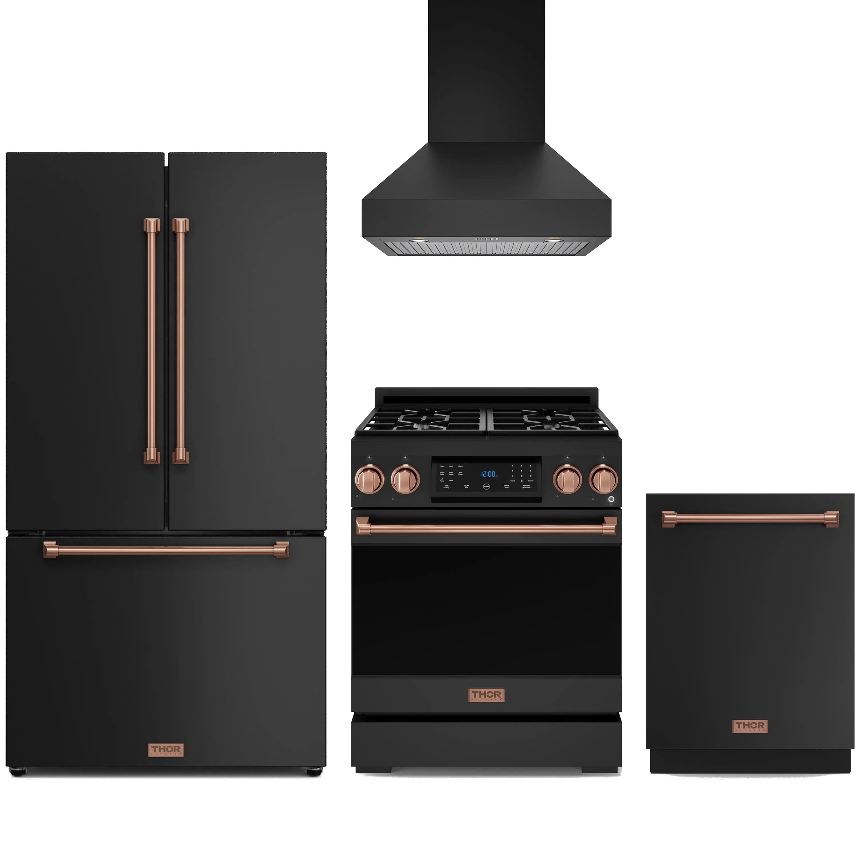 Black kitchen appliance set with stainless knobs, including range, refrigerator, and dishwasher