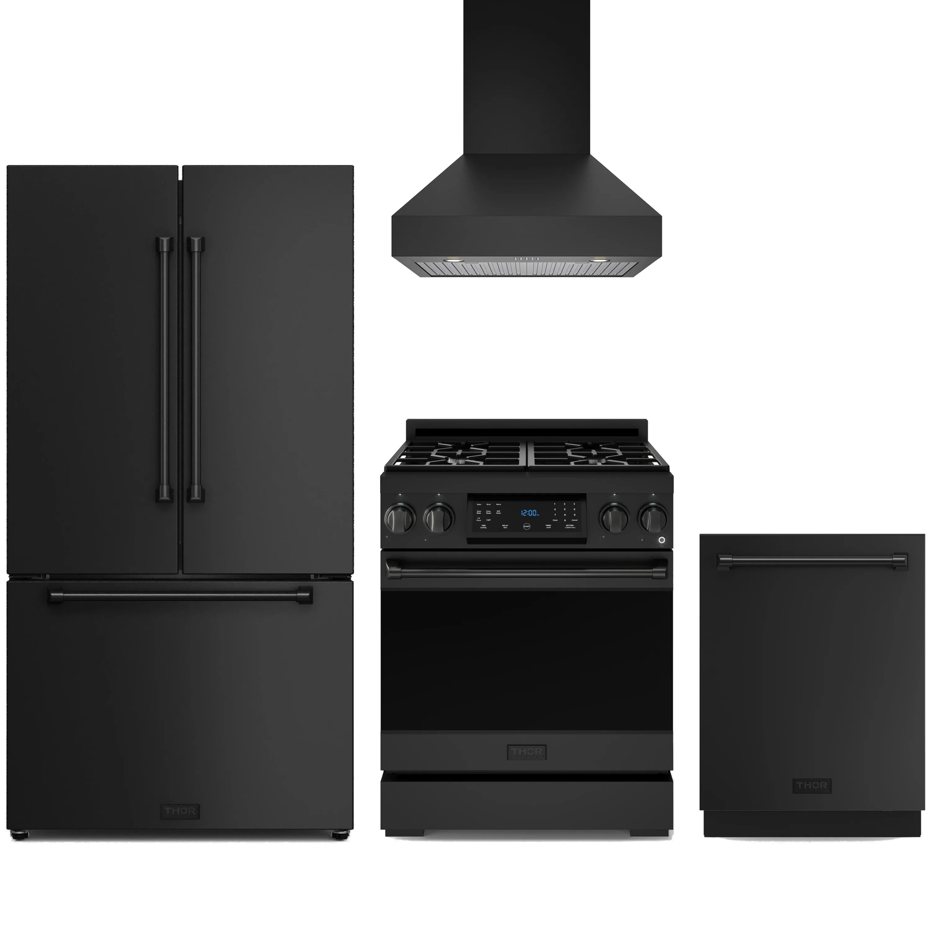 Black appliance package with refrigerator, gas range, wall hood, and dishwasher