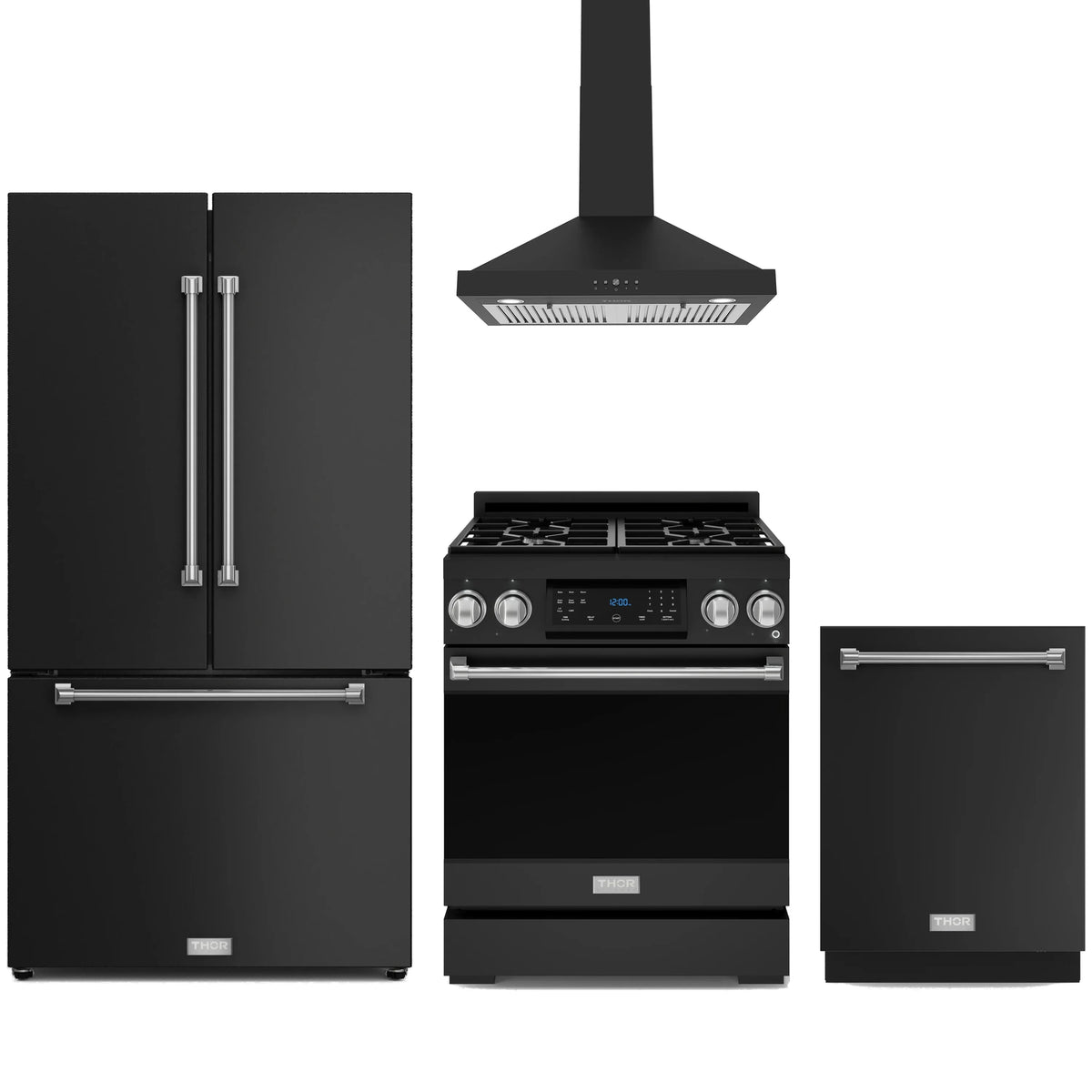 Black kitchen appliance package with propane gas range, refrigerator, wall hood, and dishwasher