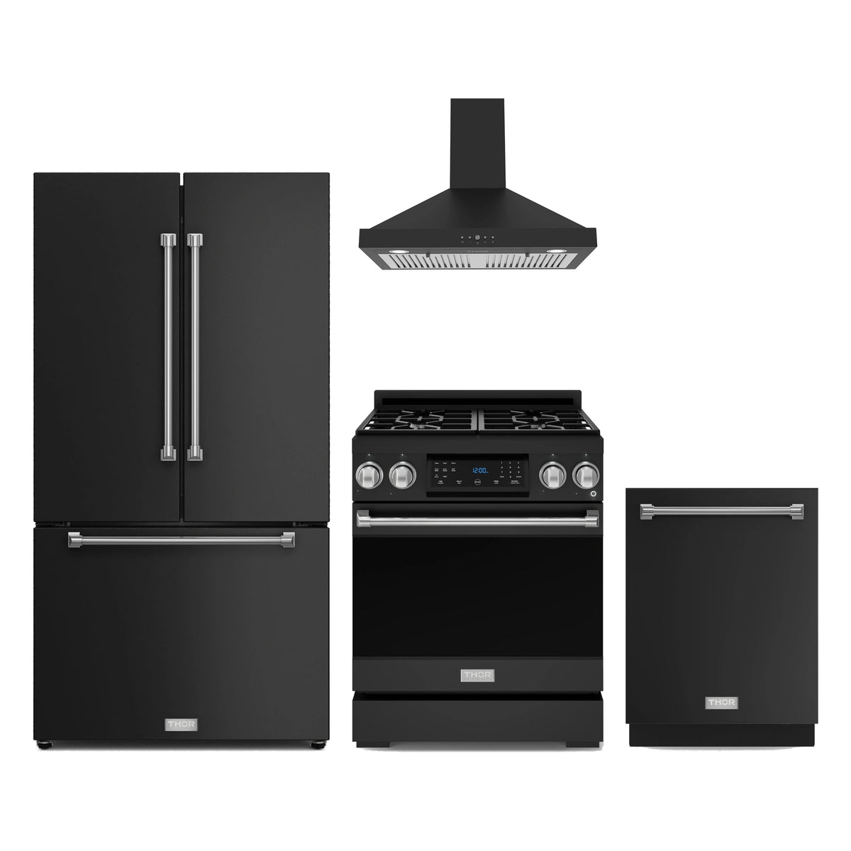 Gordon Ramsay by Thor Kitchen 4-Piece Appliance Package - 30-Inch Propane Gas Range, Counter-Depth Refrigerator, Wall Mount Hood, & Dishwasher in Matte Black with Stainless Steel Trim