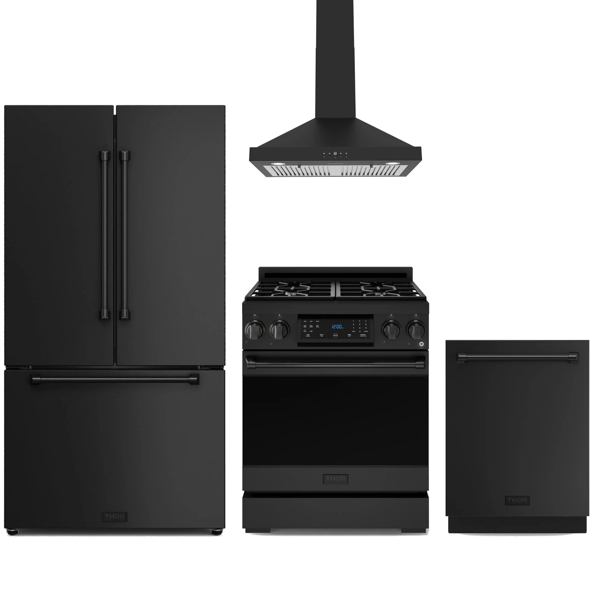 Black kitchen appliance package featuring a gas range, refrigerator, hood, and dishwasher