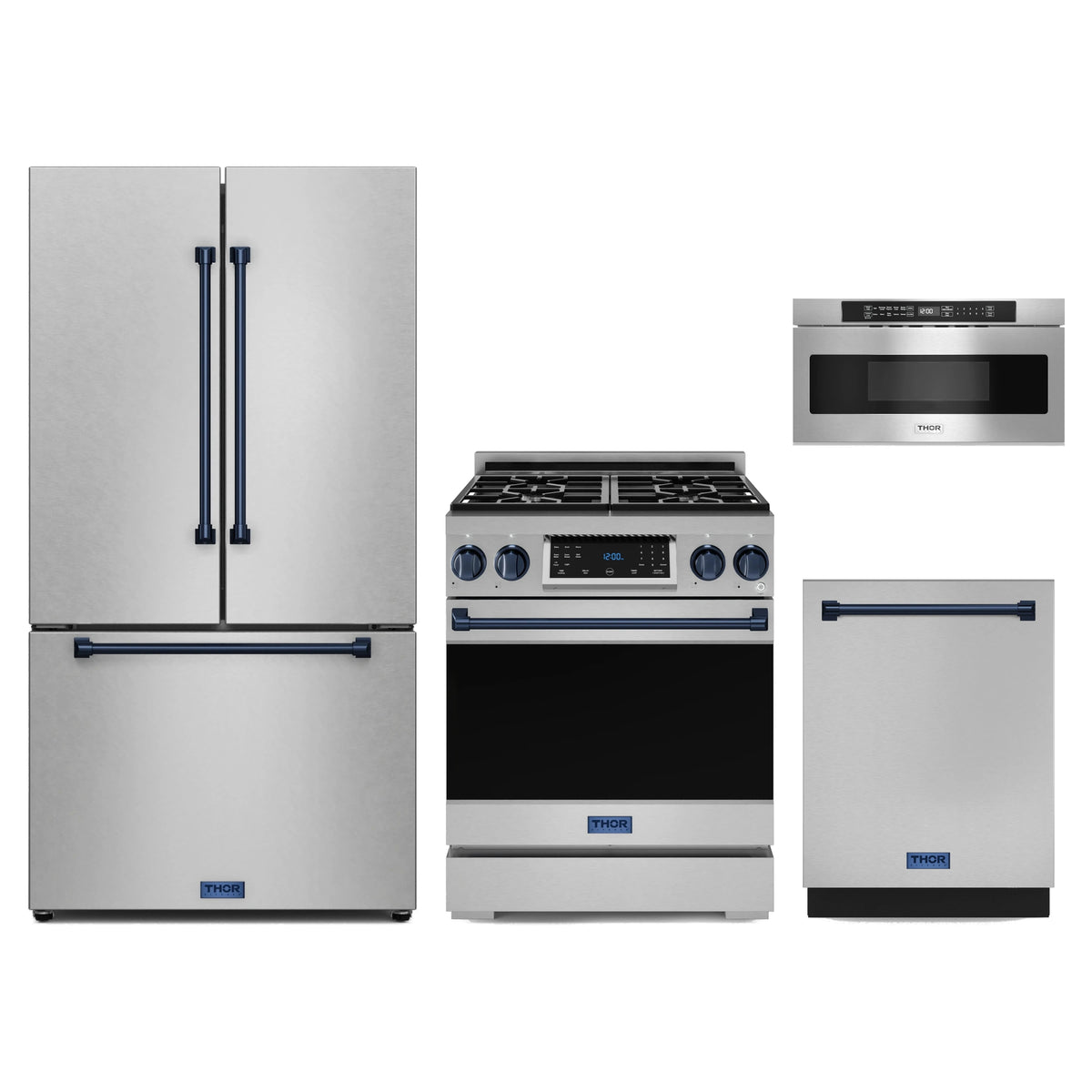 Gordon Ramsay by Thor Kitchen 4-Piece Appliance Package - 30-Inch Propane Gas Range with Tilt Panel, Counter-Depth Refrigerator, Dishwasher, & Microwave Drawer in Stainless Steel with Blue Trim