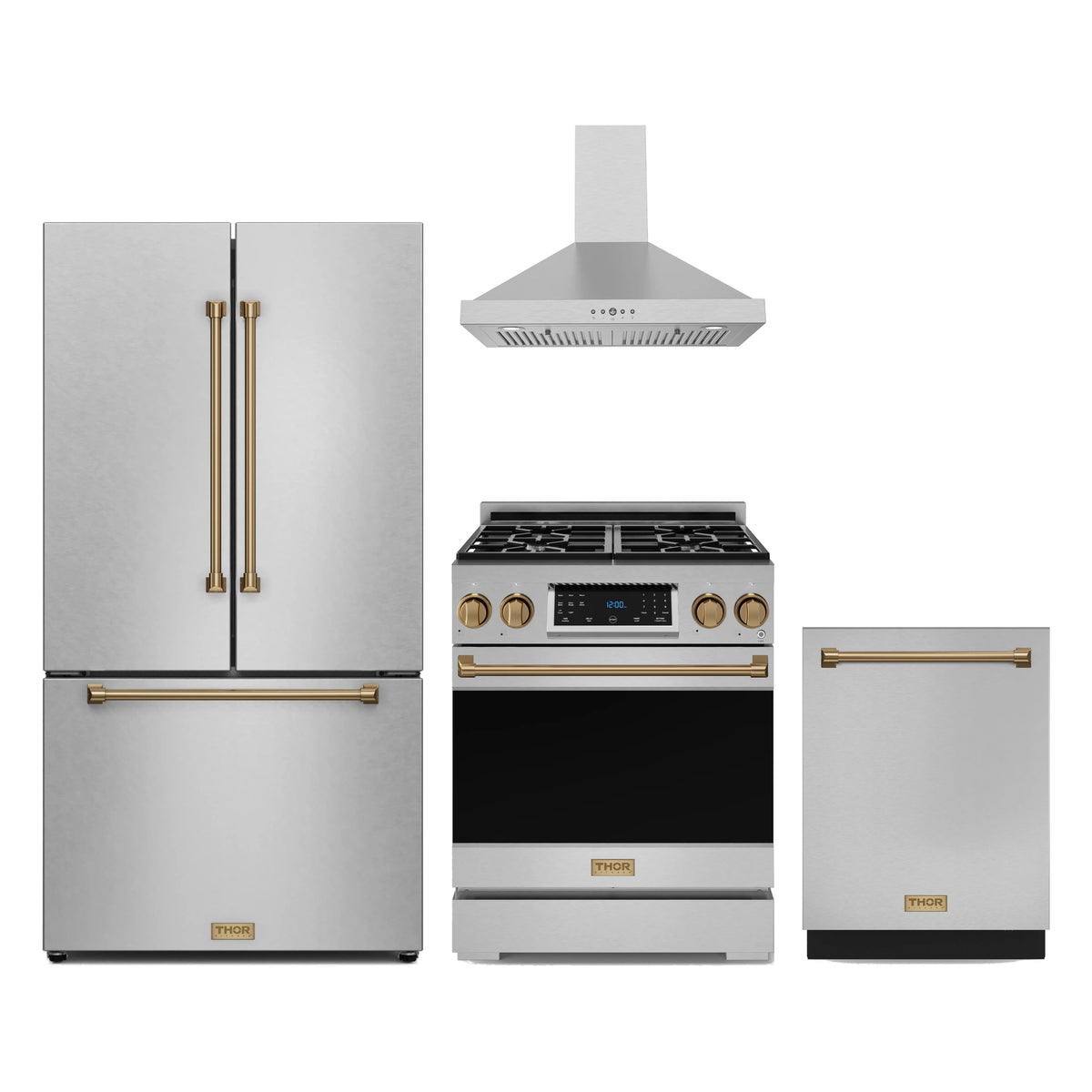 Gordon Ramsay by Thor Kitchen 4-Piece Appliance Package - 30-Inch Propane Gas Range, Counter-Depth Refrigerator, Wall Mount Hood, & Dishwasher in Stainless Steel with Bronze Trim