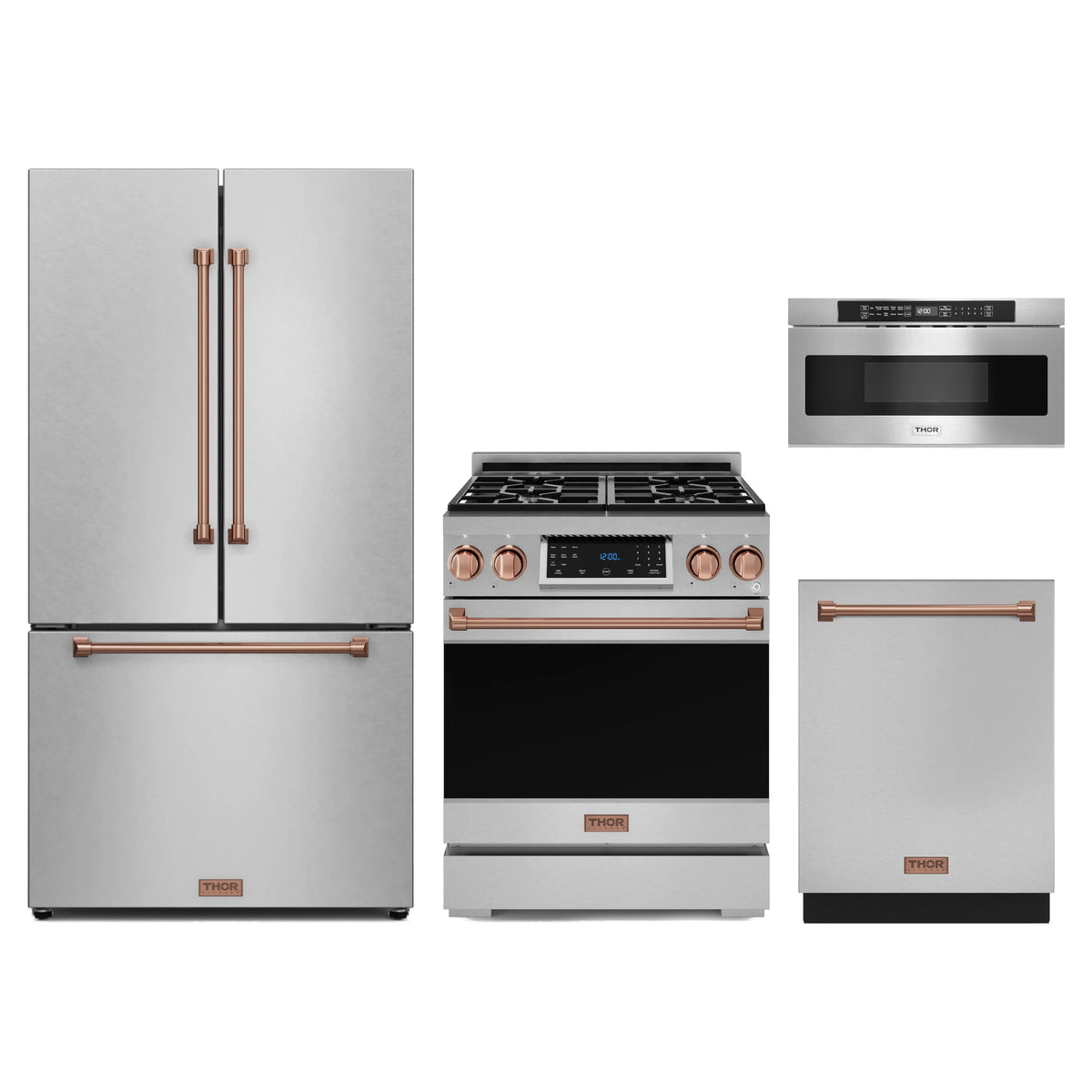 Gordon Ramsay by Thor Kitchen 4-Piece Appliance Package - 30-Inch Propane Gas Range with Tilt Panel, Counter-Depth Refrigerator, Dishwasher, & Microwave Drawer in Stainless Steel with Rose Gold Trim