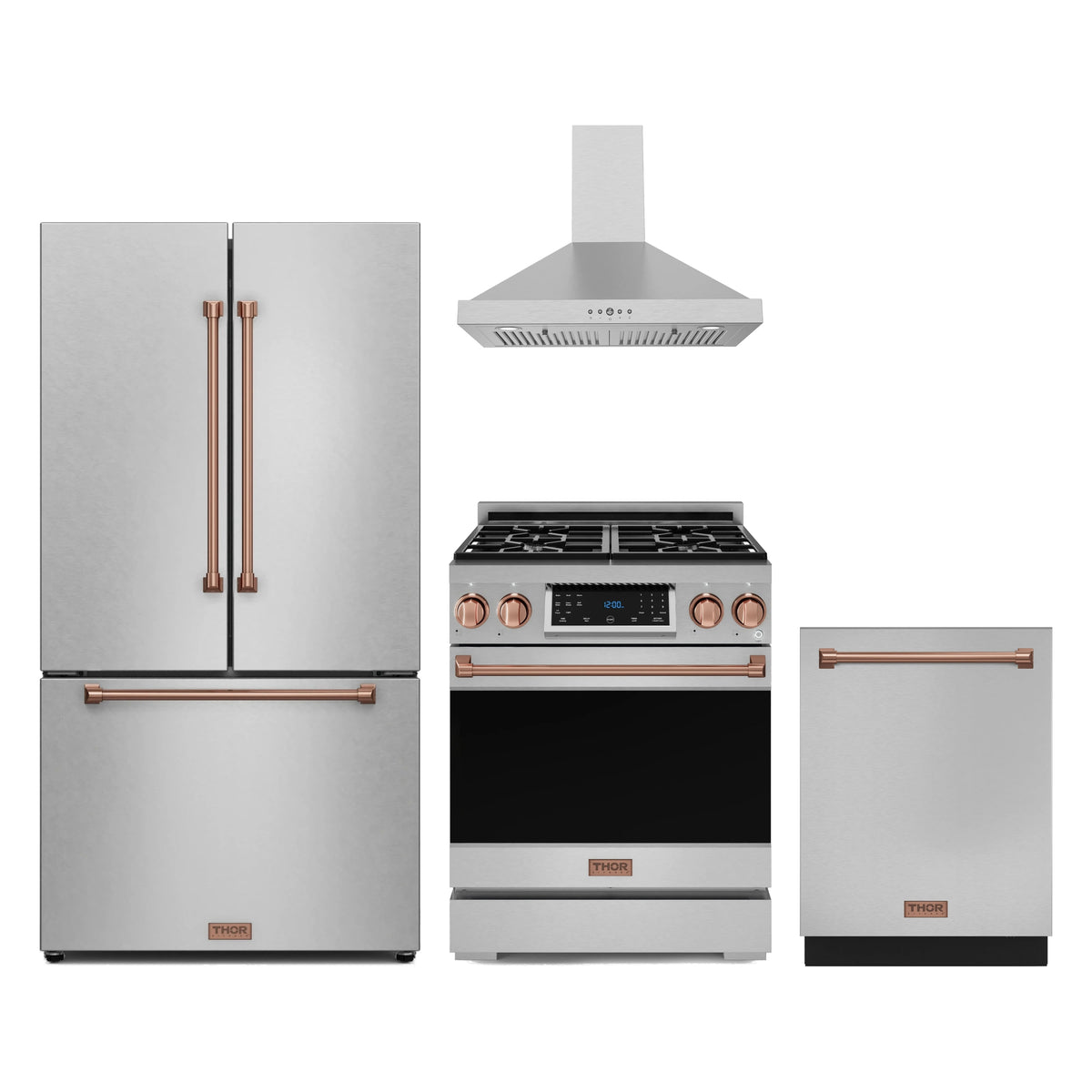 Gordon Ramsay by Thor Kitchen 4-Piece Appliance Package - 30-Inch Propane Gas Range, Counter-Depth Refrigerator, Wall Mount Hood, & Dishwasher in Stainless Steel with Rose Gold Trim