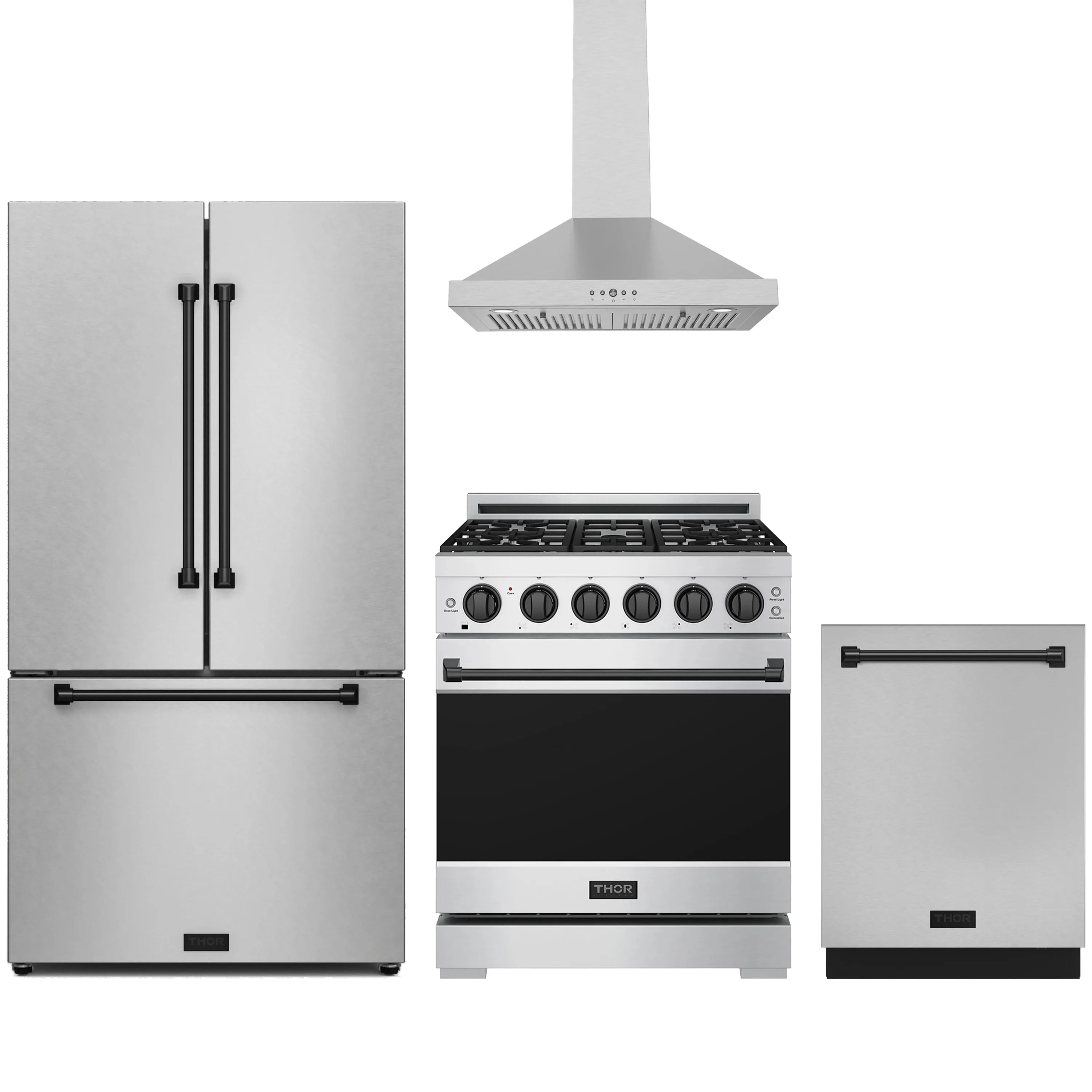 Stainless steel kitchen appliance package: range, wall hood, and refrigerator with black trim