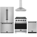 Stainless steel Thor Kitchen appliance package with 30-inch range, range hood, counter-depth refrigerator, dishwasher