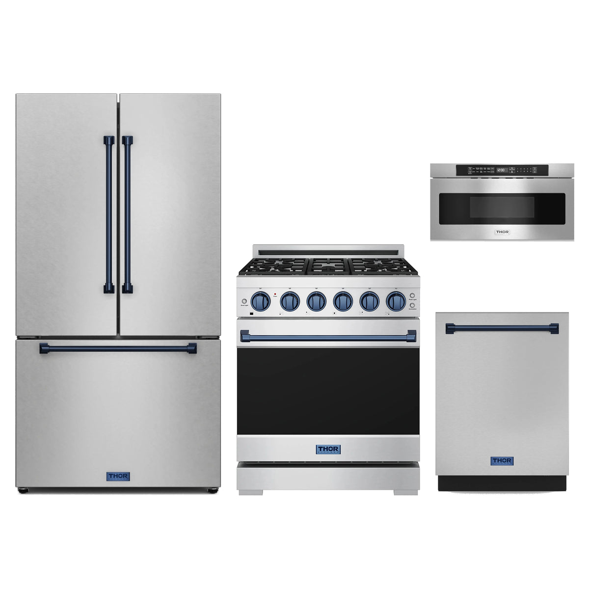 Gordon Ramsay by Thor Kitchen 4-Piece Appliance Package - 30-Inch Natural Gas Range, Counter-Depth Refrigerator, Dishwasher, & Microwave Drawer in Stainless Steel with Blue Trim