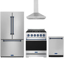 Stainless steel Thor Kitchen appliance package with 30-inch range, range hood, counter-depth refrigerator, dishwasher