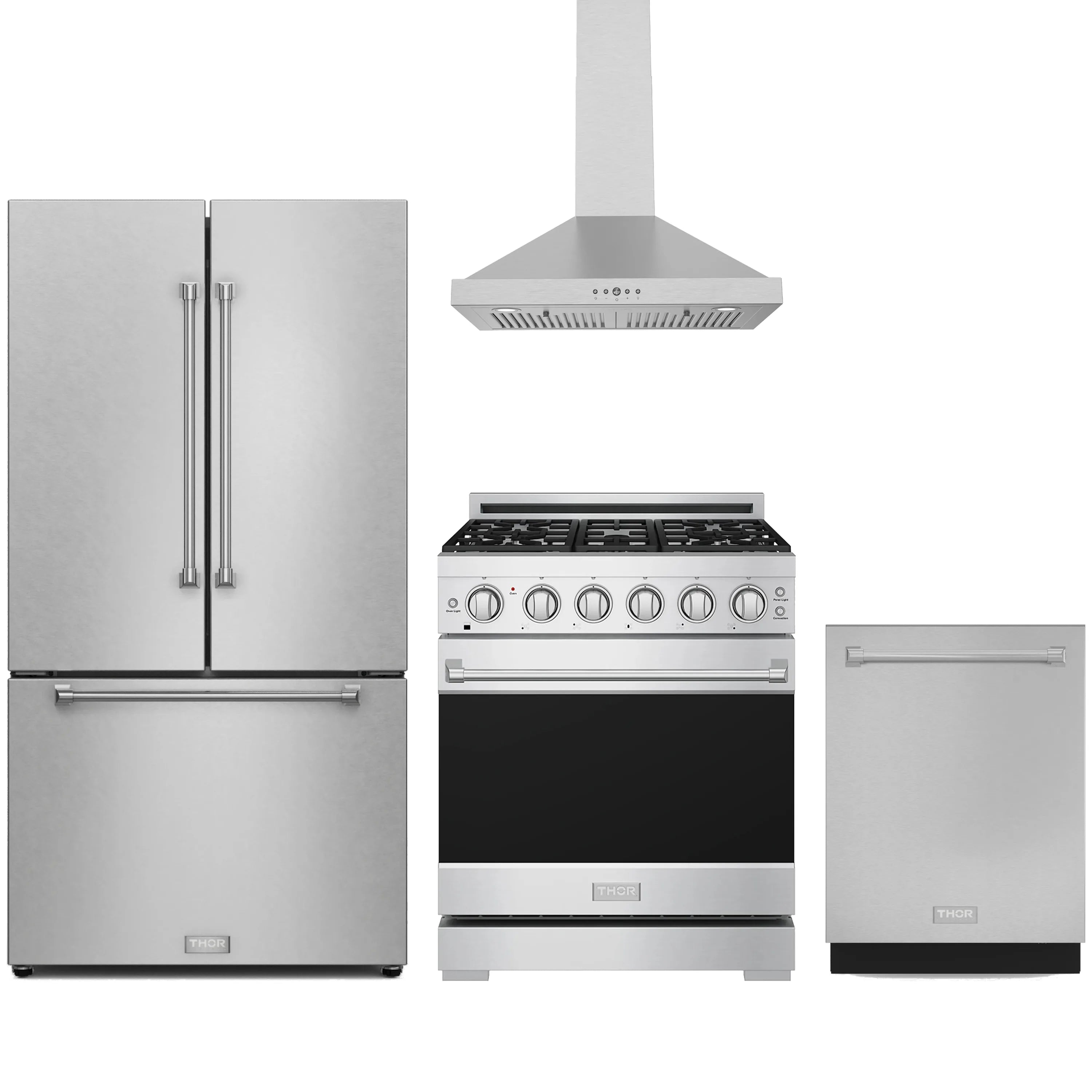 Stainless steel 4-piece kitchen appliance package with range, refrigerator, hood, and dishwasher