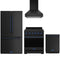 Gordon Ramsay by Thor Kitchen 4-Piece Appliance Package - 30-Inch Natural Gas Range, Counter-Depth Refrigerator, Wall Mount Hood, & Dishwasher in Black with Blue Trim