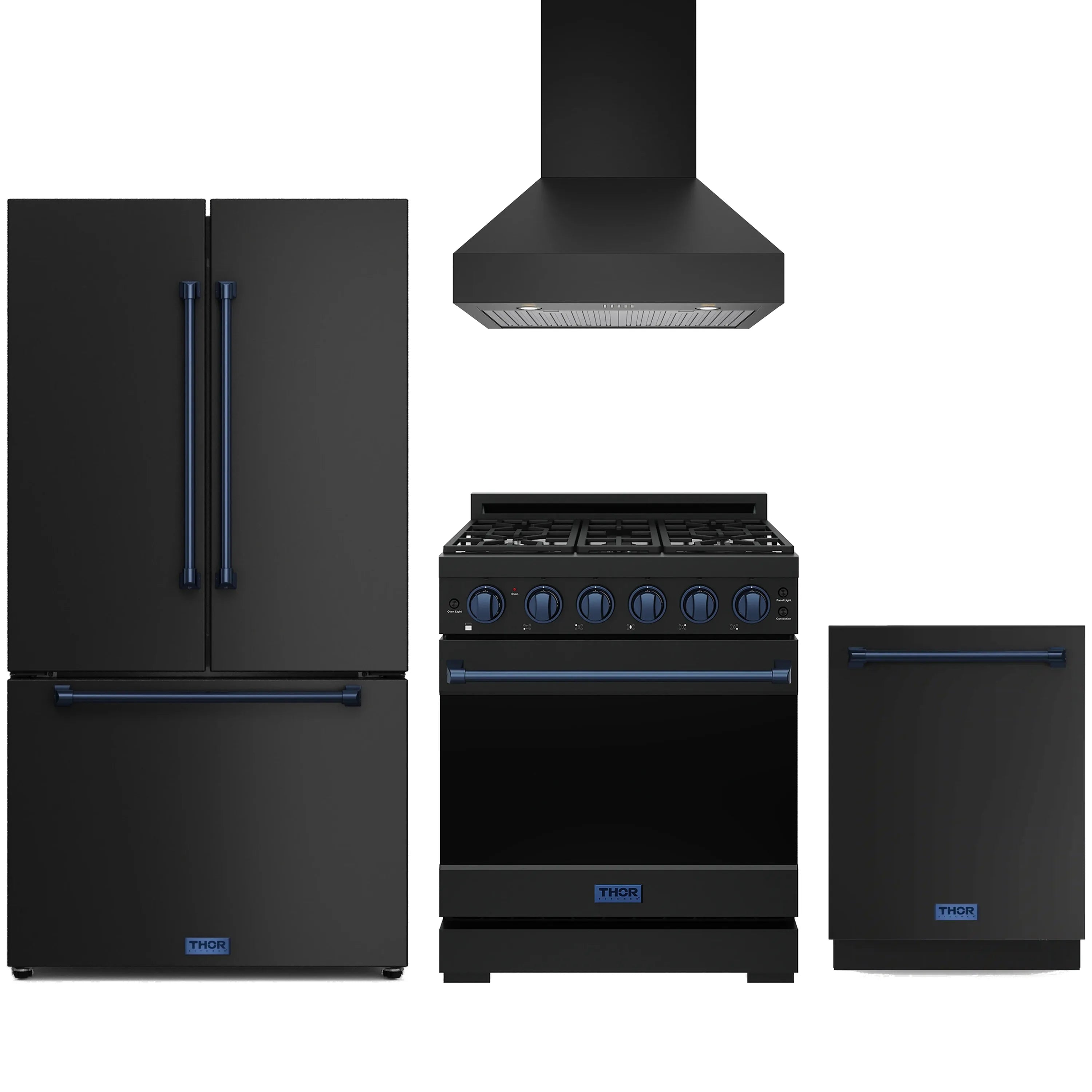 Black appliance package with blue trim: gas range, hood, refrigerator, dishwasher