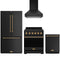 Gordon Ramsay by Thor Kitchen 4-Piece Appliance Package - 30-Inch Propane Gas Range, Counter-Depth Refrigerator, Wall Mount Hood, & Dishwasher in Black with Bronze Trim