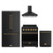 Gordon Ramsay by Thor Kitchen 4-Piece Appliance Package - 30-Inch Propane Gas Range, Counter-Depth Refrigerator, Wall Mount Hood, & Dishwasher in Matte Black with Bronze Trim
