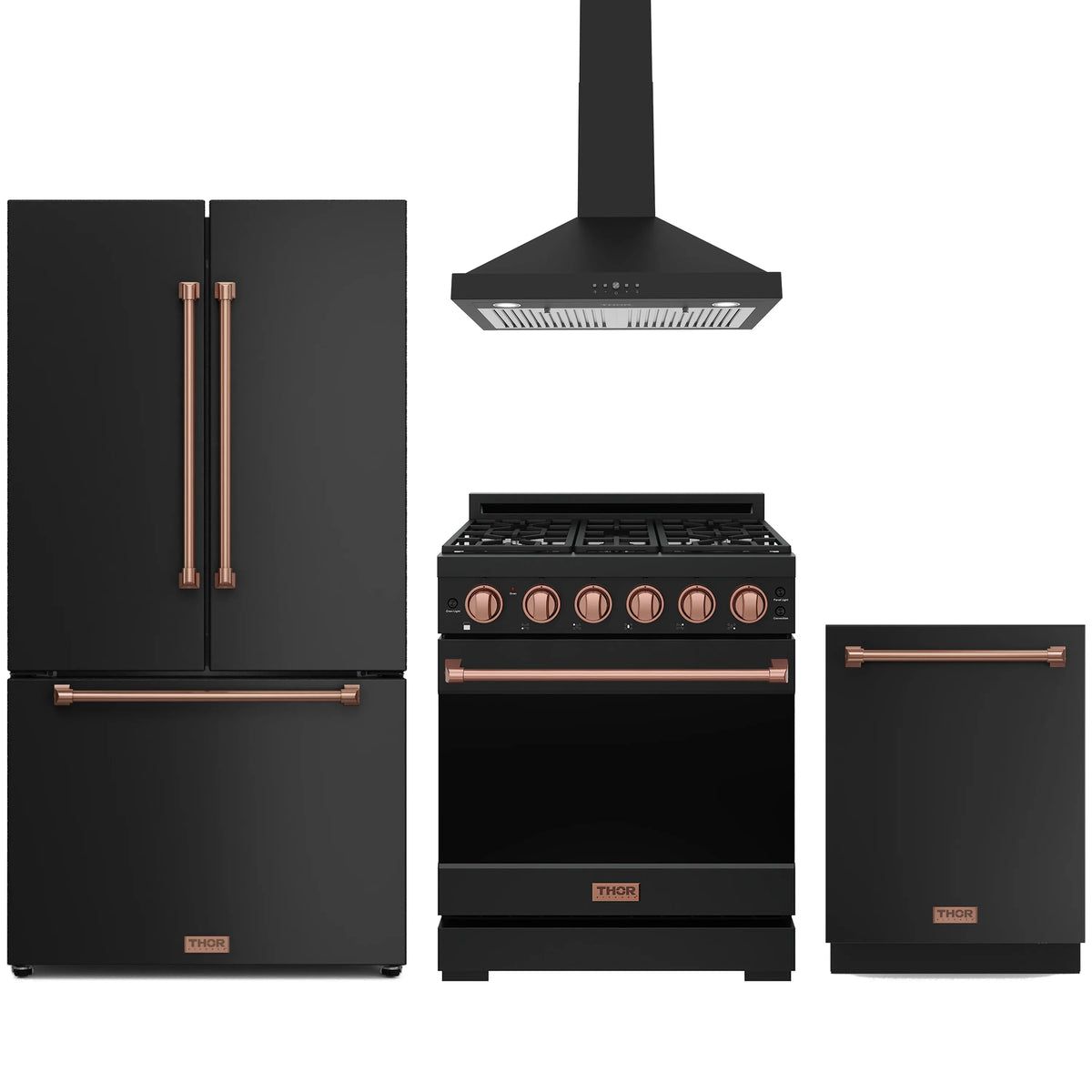 Kitchen appliance package in black with rose-gold trim: gas range, fridge, hood, dishwasher