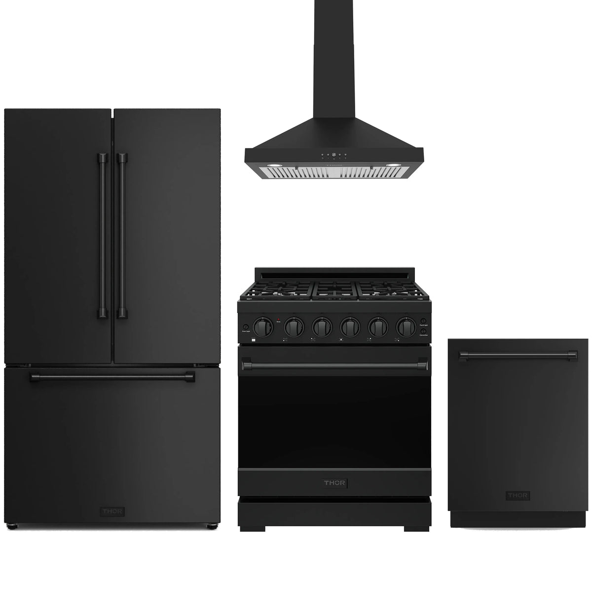 Black appliance package: propane gas range, wall hood, counter-depth refrigerator, dishwasher