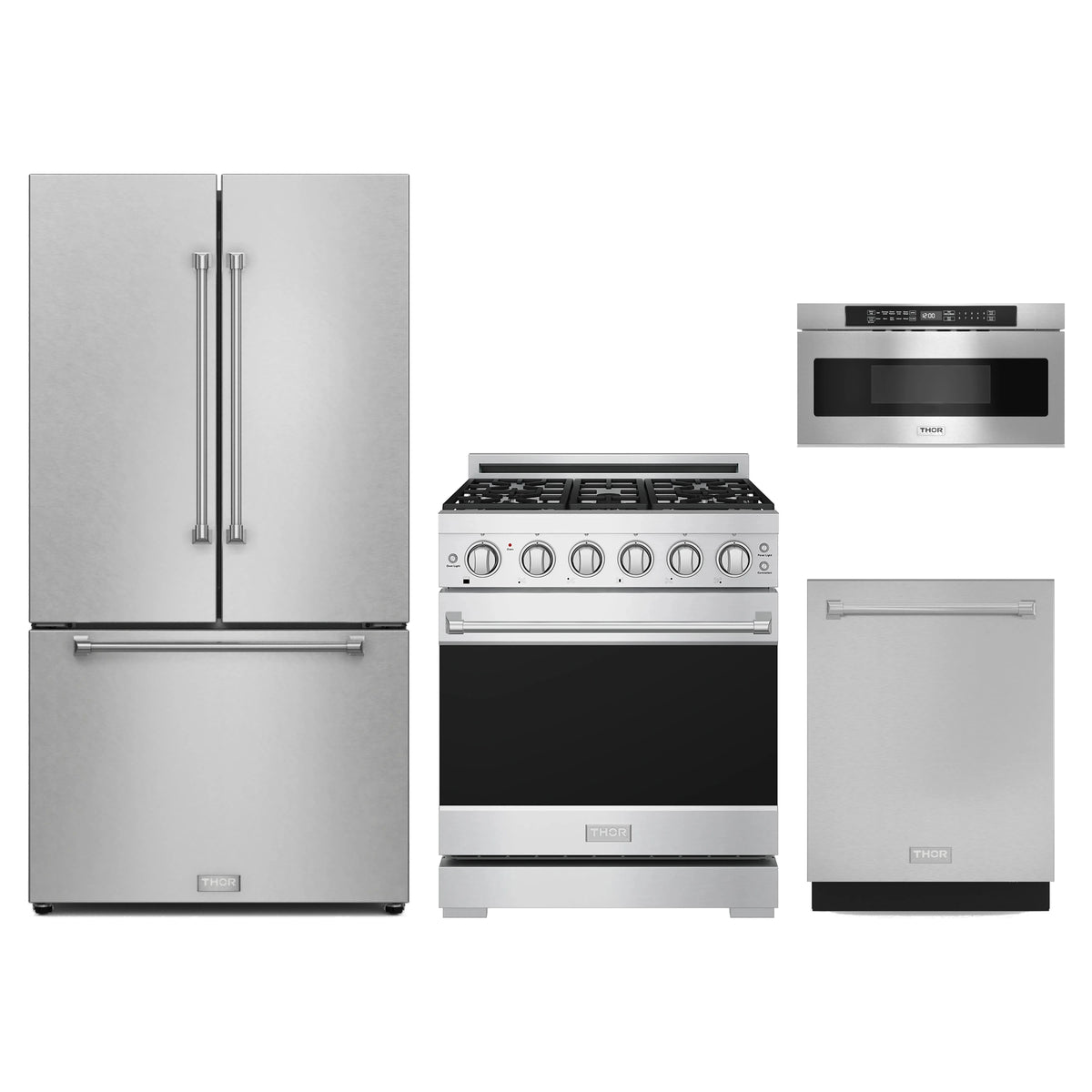 Gordon Ramsay by Thor Kitchen 4-Piece Appliance Package - 30-Inch Propane Gas Range, Counter-Depth Refrigerator, Dishwasher, & Microwave Drawer in Stainless Steel