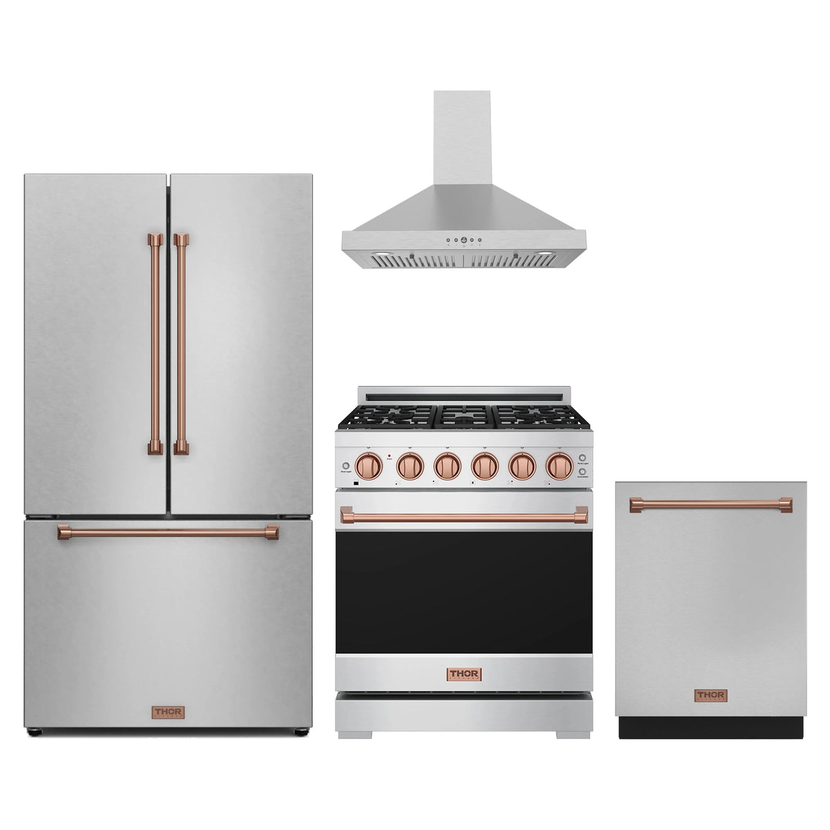 Gordon Ramsay by Thor Kitchen 4-Piece Appliance Package - 30-Inch Propane Gas Range, Counter-Depth Refrigerator, Wall Mount Hood, & Dishwasher in Stainless Steel with Rose Gold Trim