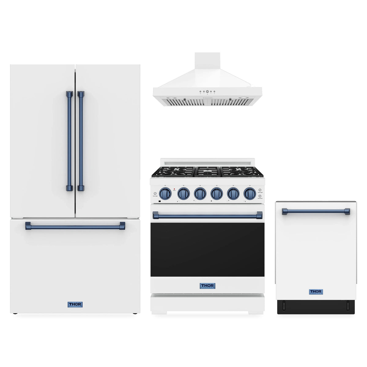 Gordon Ramsay by Thor Kitchen 4-Piece Appliance Package - 30-Inch Natural Gas Range, Counter-Depth Refrigerator, Wall Mount Hood, & Dishwasher in White with Blue Trim